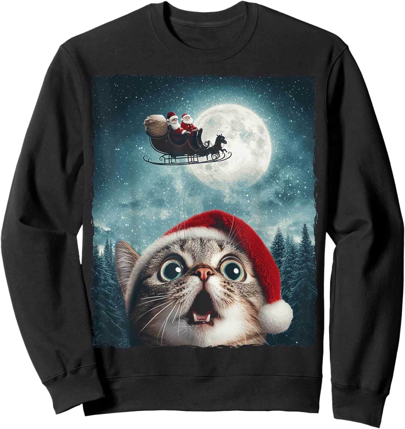 Funny Cat Selfie Santa Moon Xmas Christmas Women Kids Sweatshirt - Sweatshirt | Black