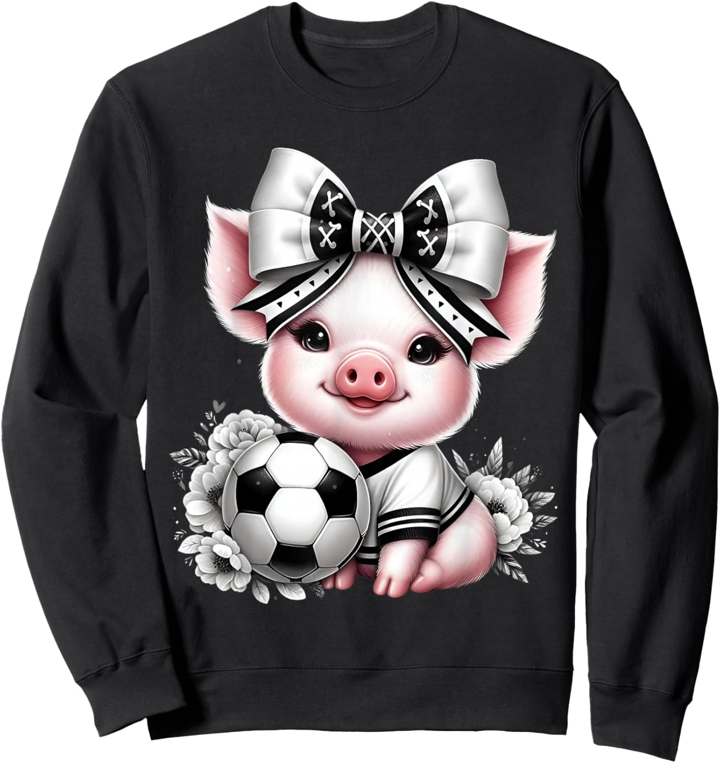 Cute Pig Black & White Soccer Coquette Bow Soccer Player Pig Sweatshirt - Sweatshirt | Black