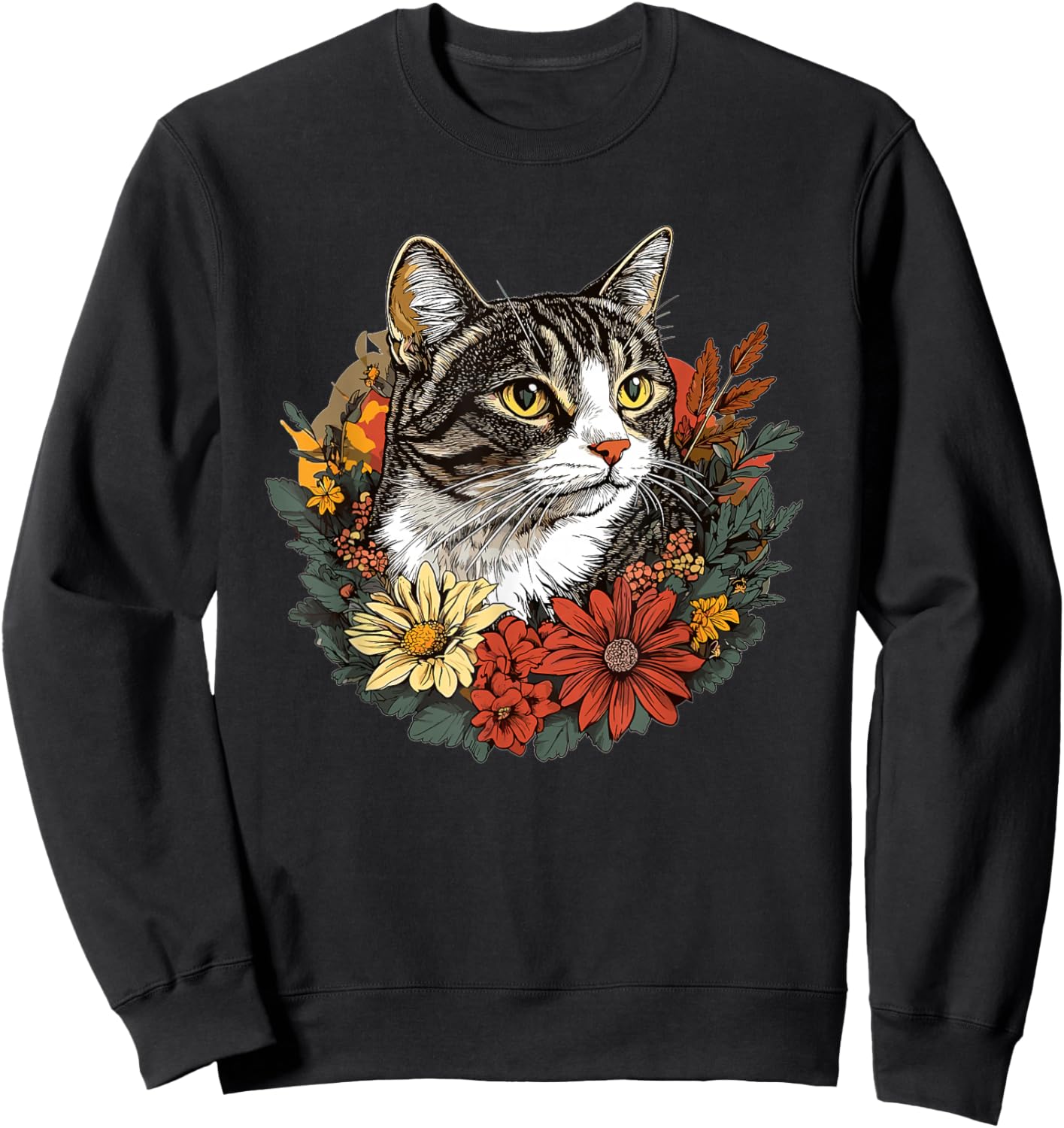 Tabby Cat Surrounded By Colorful Flowers Sweatshirt - Sweatshirt | Black