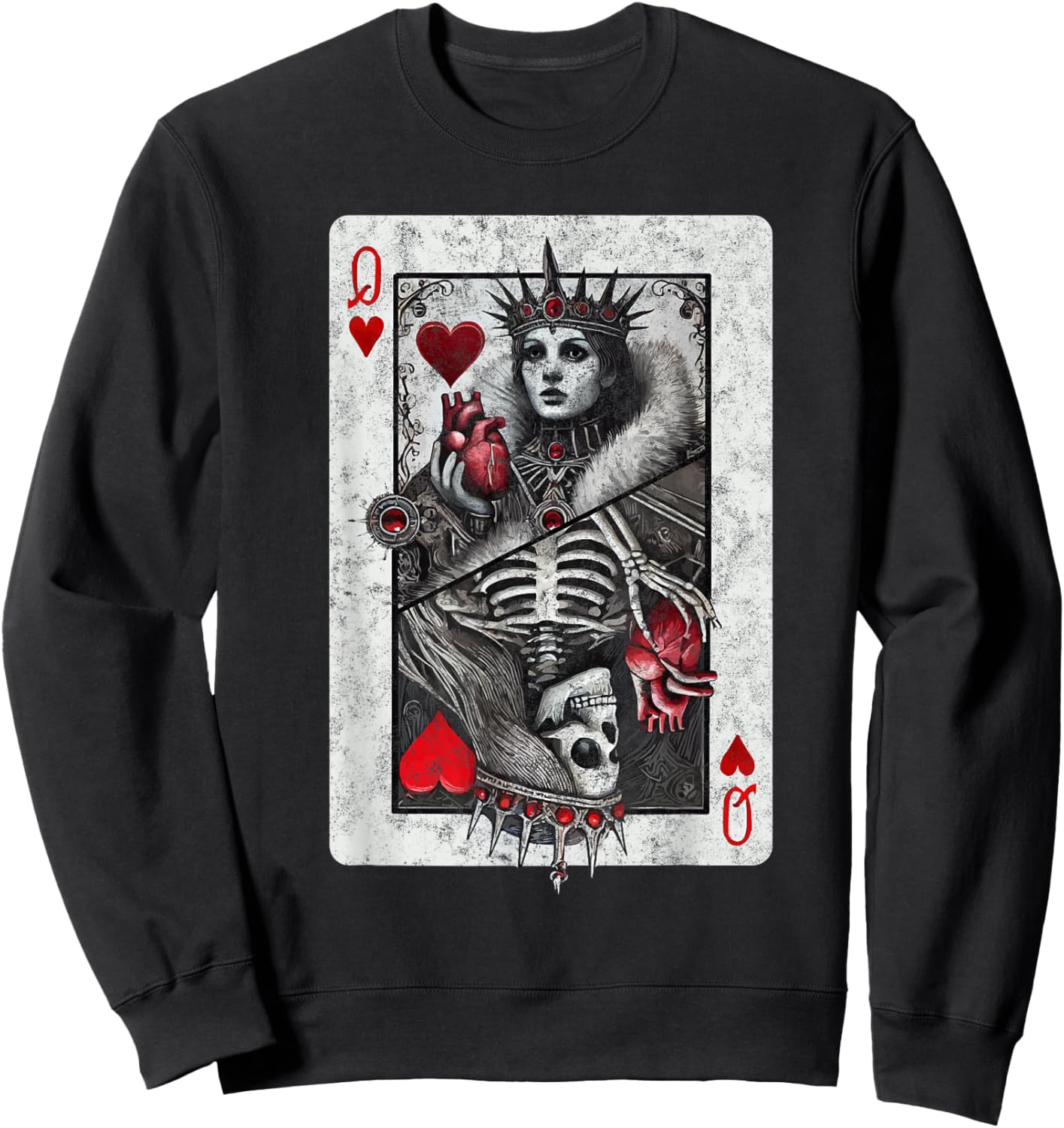 Playing Card Queen of Hearts Death Skeleton Halloween Sweatshirt - Sweatshirt | Black