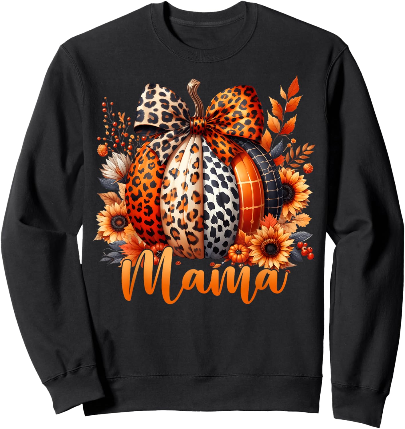 mama Thanksgiving Leopard Pumpkin Sunflower Coquette Bow Sweatshirt - Sweatshirt | Black