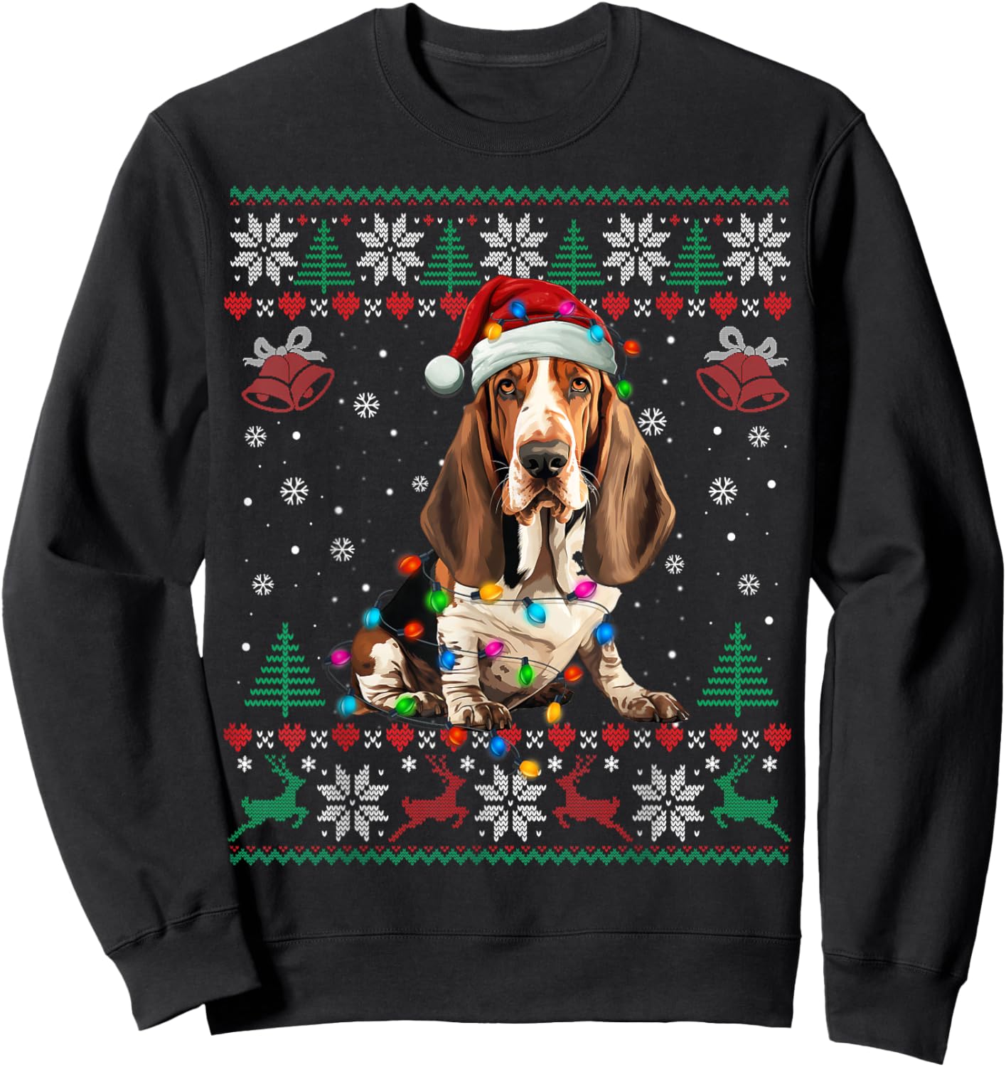 Dog Christmas Lights Ugly Sweater Basset Hound Dog Xmas Sweatshirt - Sweatshirt | Black
