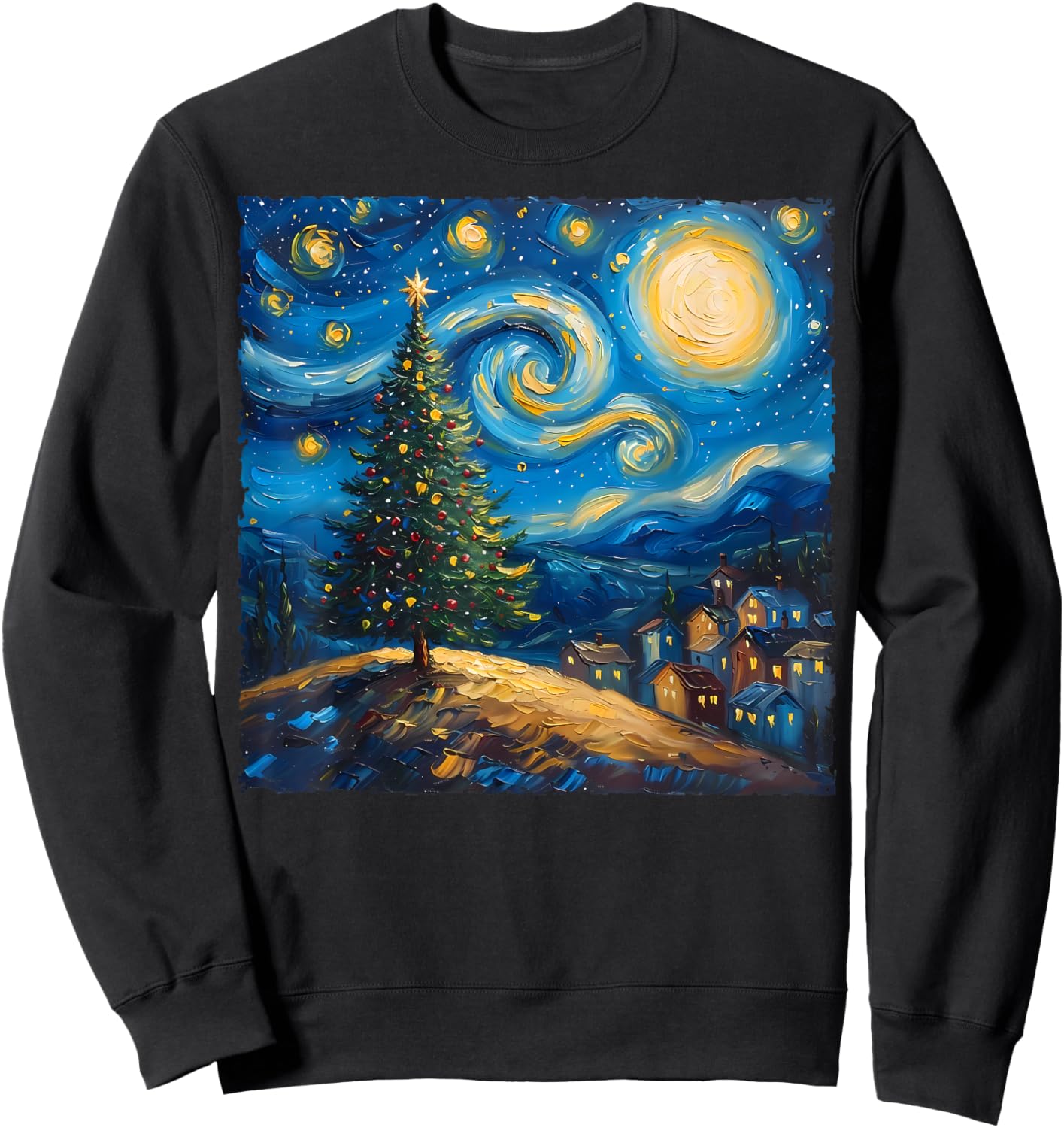 Van Gogh Style The Starry Night Christmas Tree Village Art Sweatshirt - Sweatshirt | Black