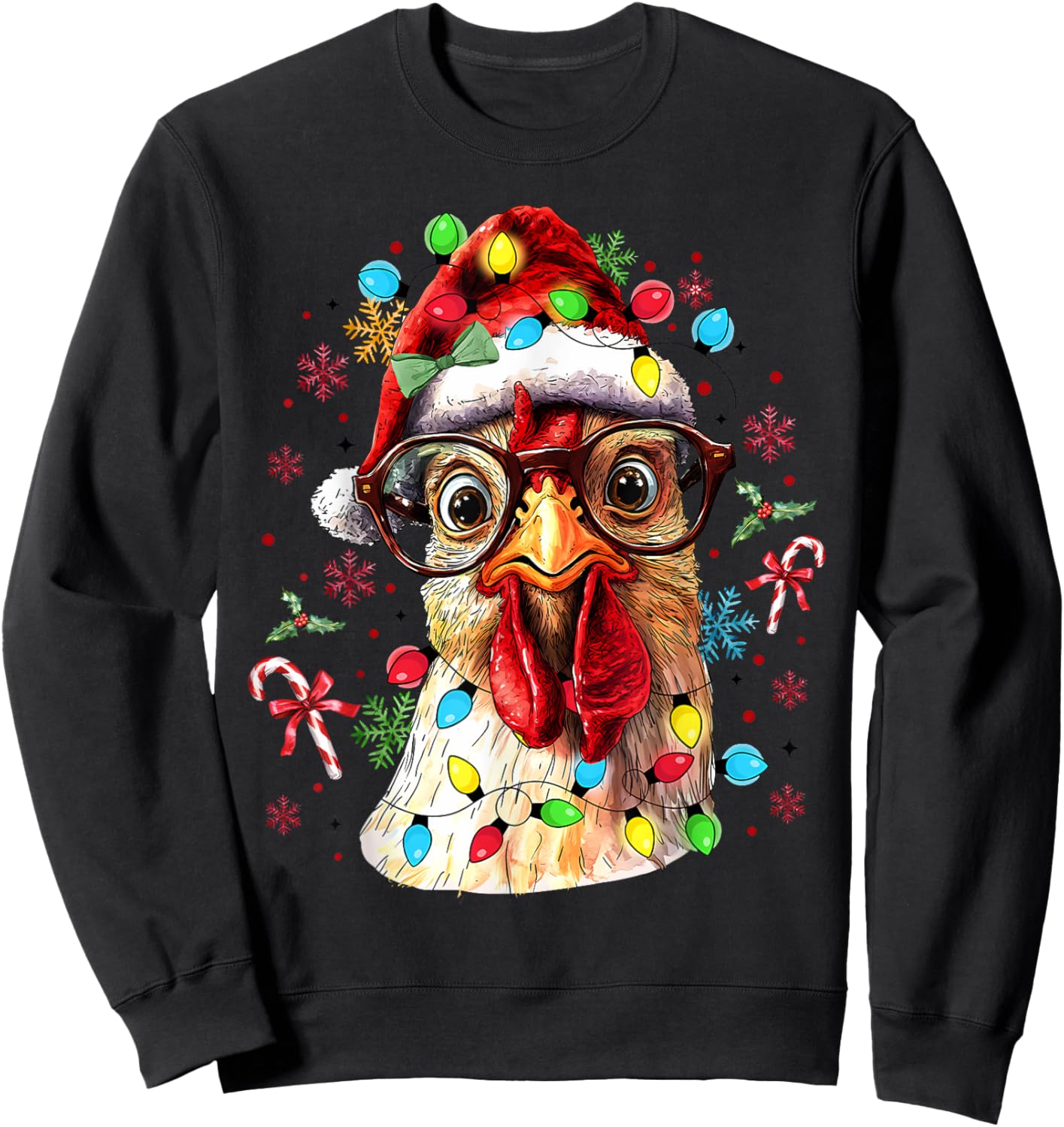 Christmas Lights Chicken Santa Funny Xmas Tree Chicken Sweatshirt - Sweatshirt | Black