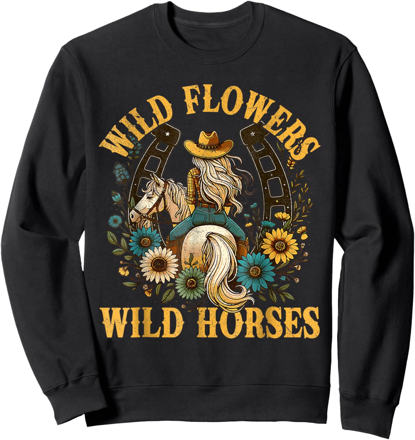 Retro Southern Sunset Cowgirl Wild Flowers Wild Horses Sweatshirt - Sweatshirt | Black