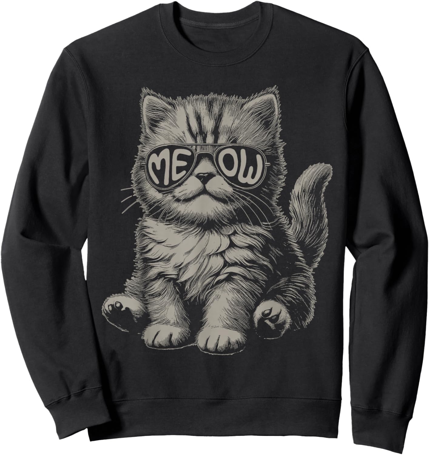 Funny Cat Meow Sunglasses Vintage Graphic Sweatshirt - Sweatshirt | Black