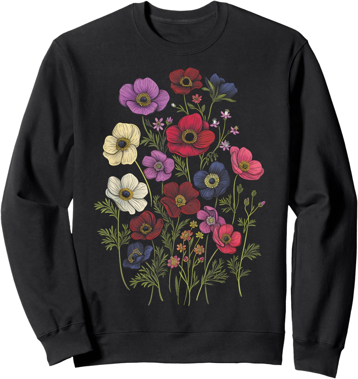 Vintage Botanical Anemone Flower Girl Cute Floral Plant Mom Sweatshirt - Sweatshirt | Black
