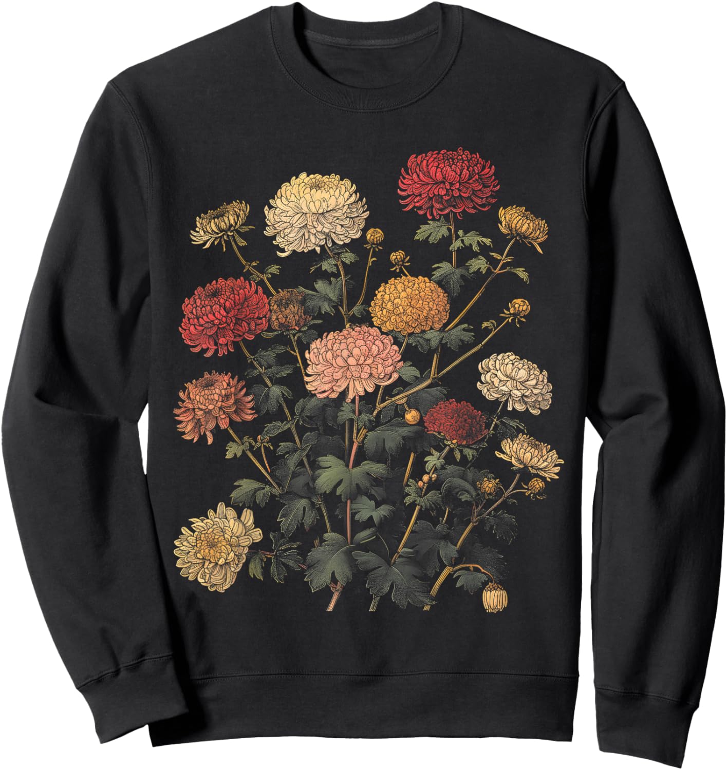 Vintage Botanical Chrysanthemum Flower Girl Floral Plant Mom Sweatshirt - Sweatshirt | Black