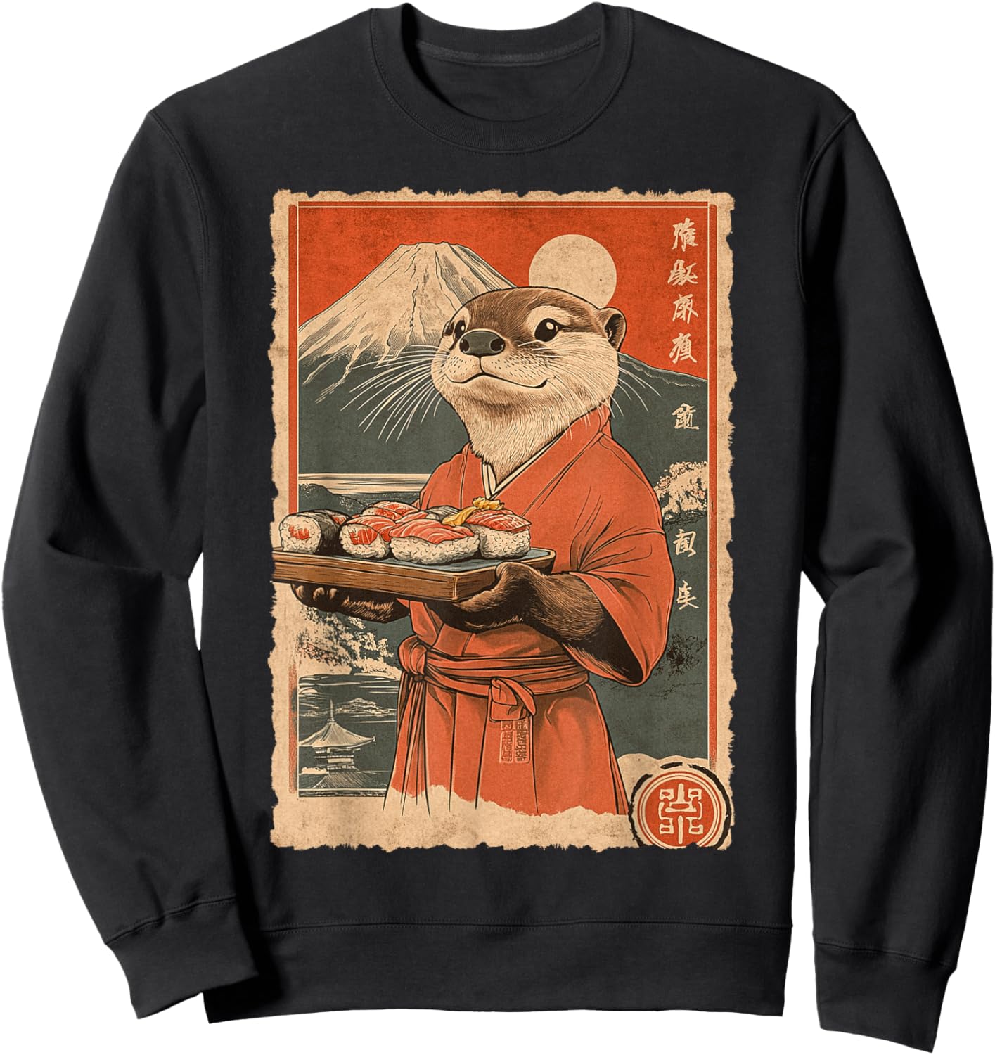 Funny Vintage Japanese Food Art Cute Sea Otter Sushi Chef Sweatshirt - Sweatshirt | Black