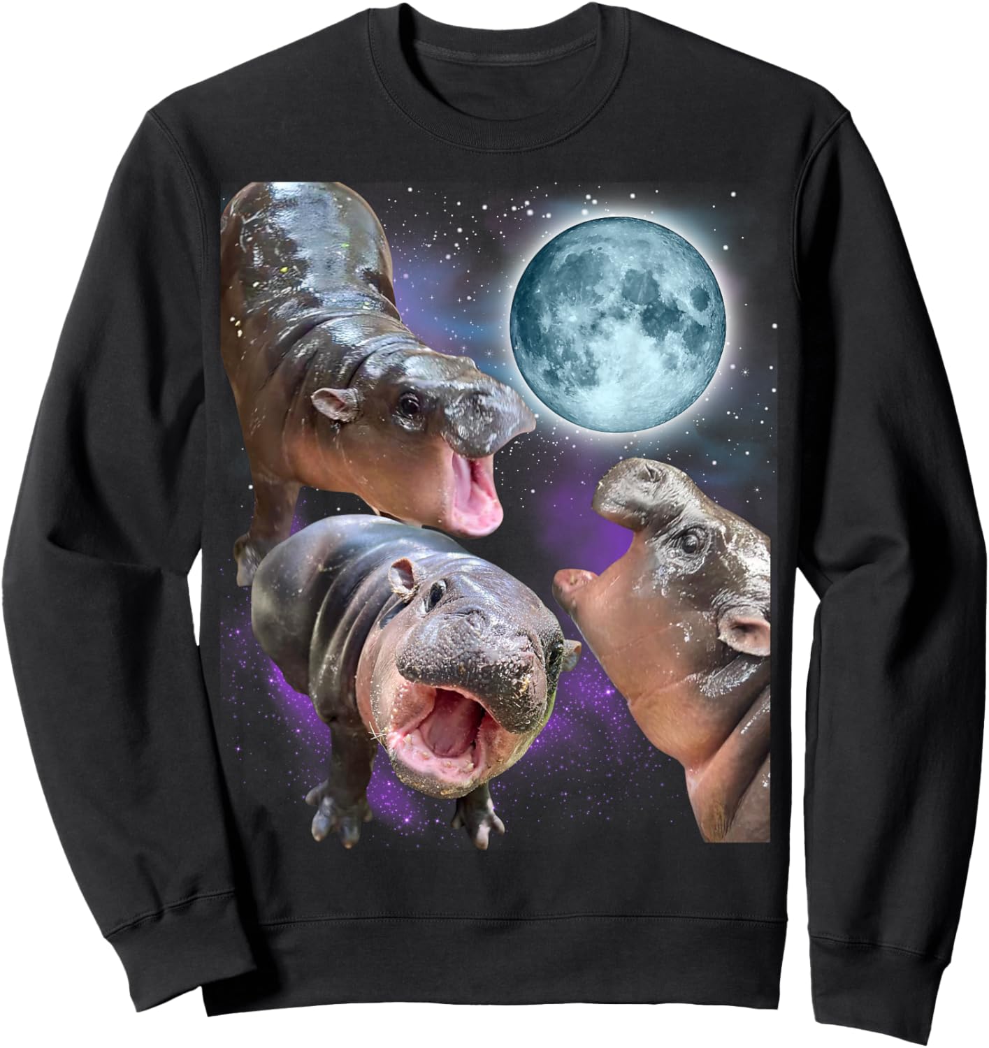 Moo-Deng 3 Hippos Moon Howling Hippo Head Cute Baby Hippo Sweatshirt - Sweatshirt | Black