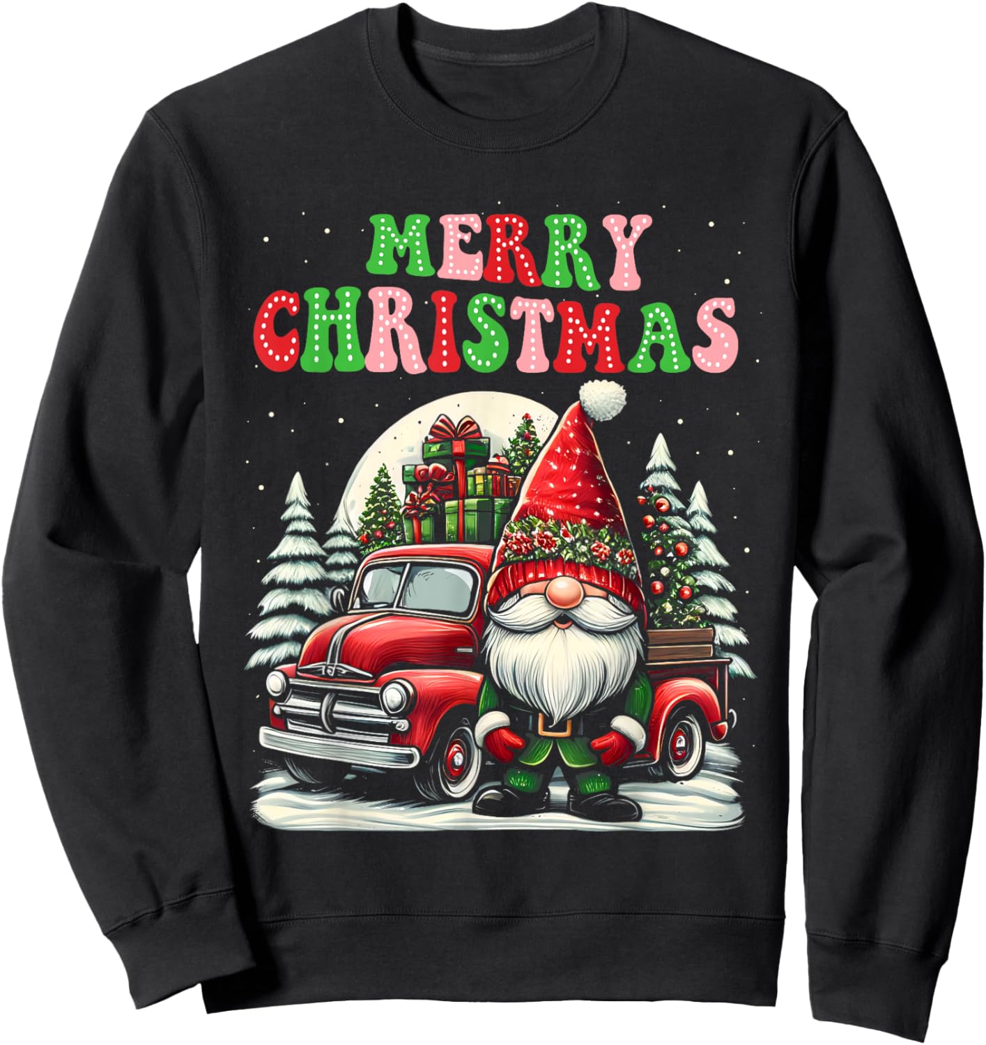 Groovy Merry Christmas Gnomes Red Truck Xmas Gnomes Lover Sweatshirt - Sweatshirt | Black