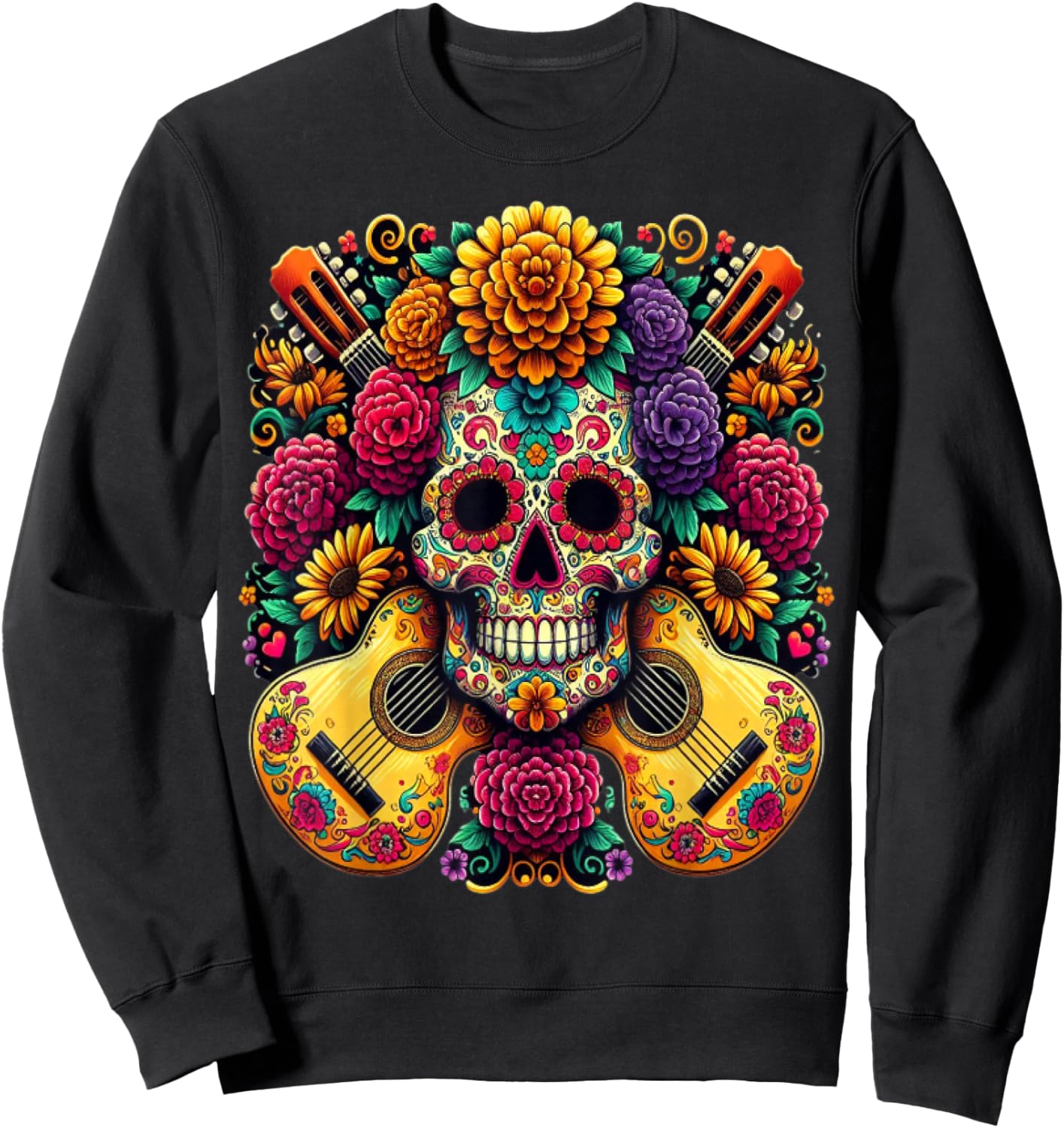 Flower Guitar Skull Day of the Dead Gifts Mariachi Sweatshirt - Sweatshirt | Black