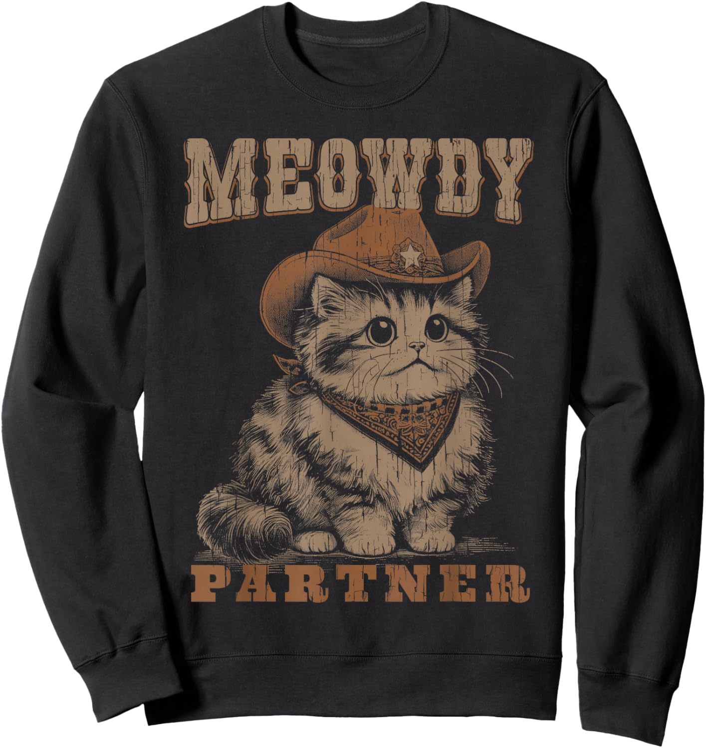 Meowdy Partner Funny Cat Cowboy Vintage Graphic Sweatshirt - Sweatshirt | Black