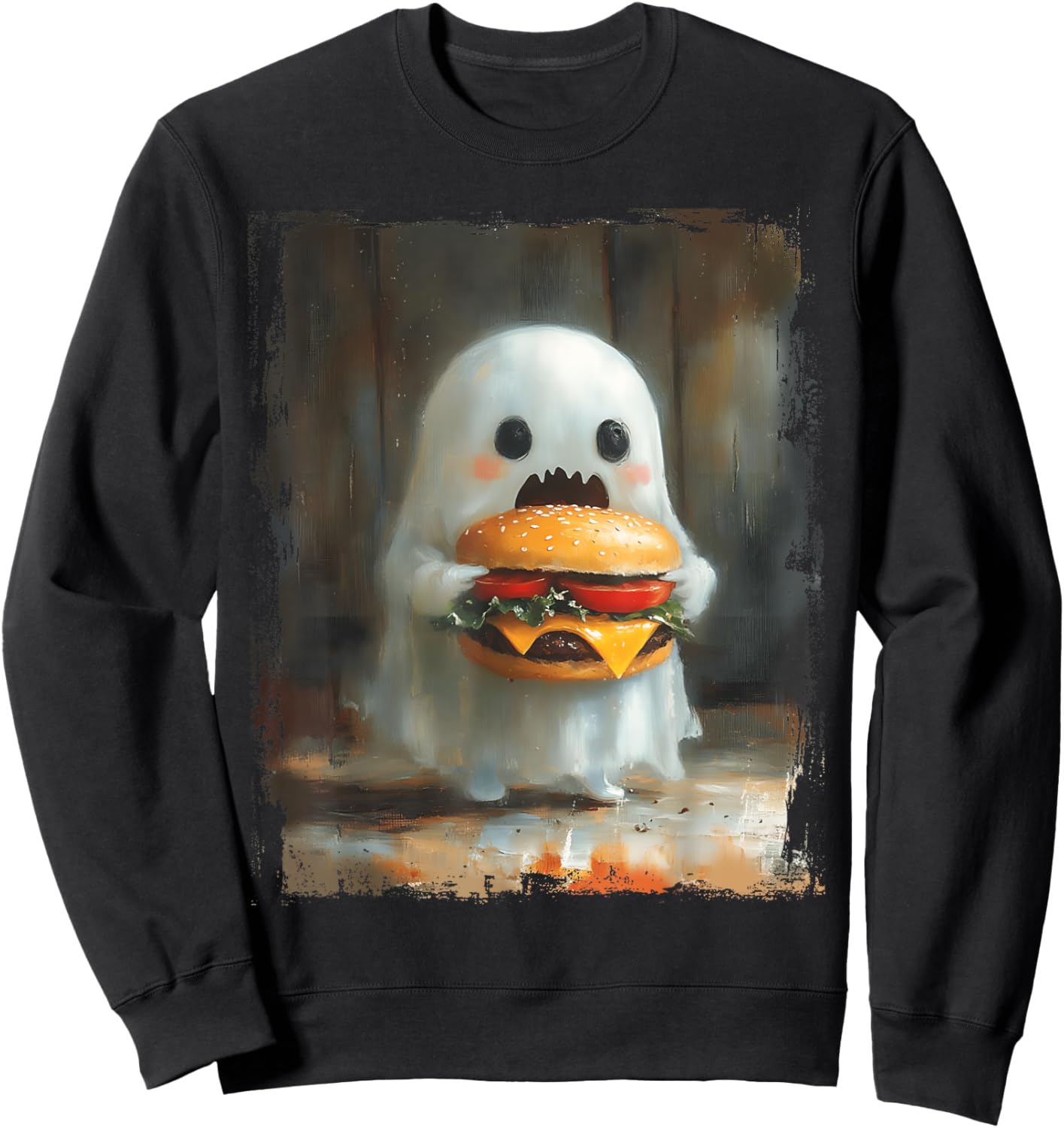 Cute Hamburger Ghost Eating Burger Halloween Food Lovers Sweatshirt - Sweatshirt | Black