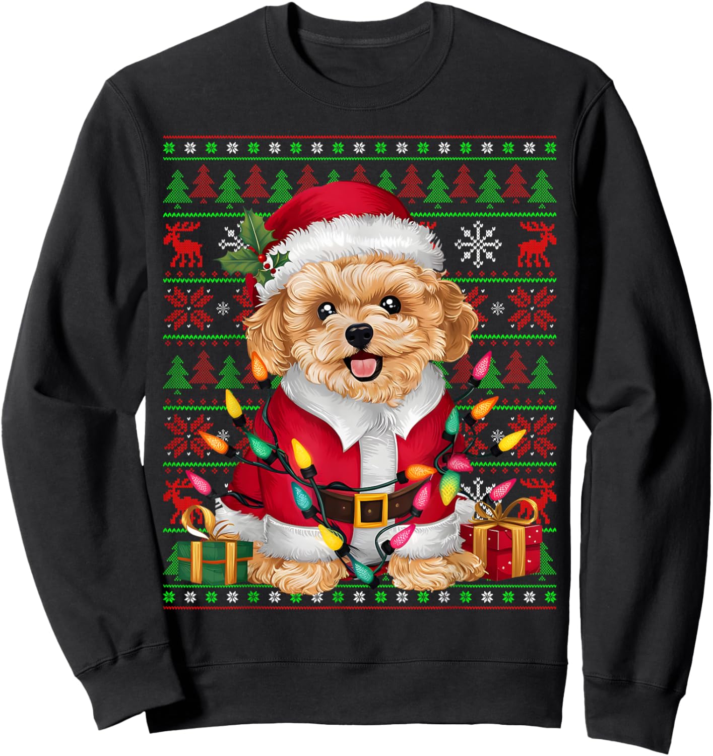 Maltipoo Dog Xmas Lights Ugly Santa Maltipoo Christmas Sweatshirt - Sweatshirt | Black