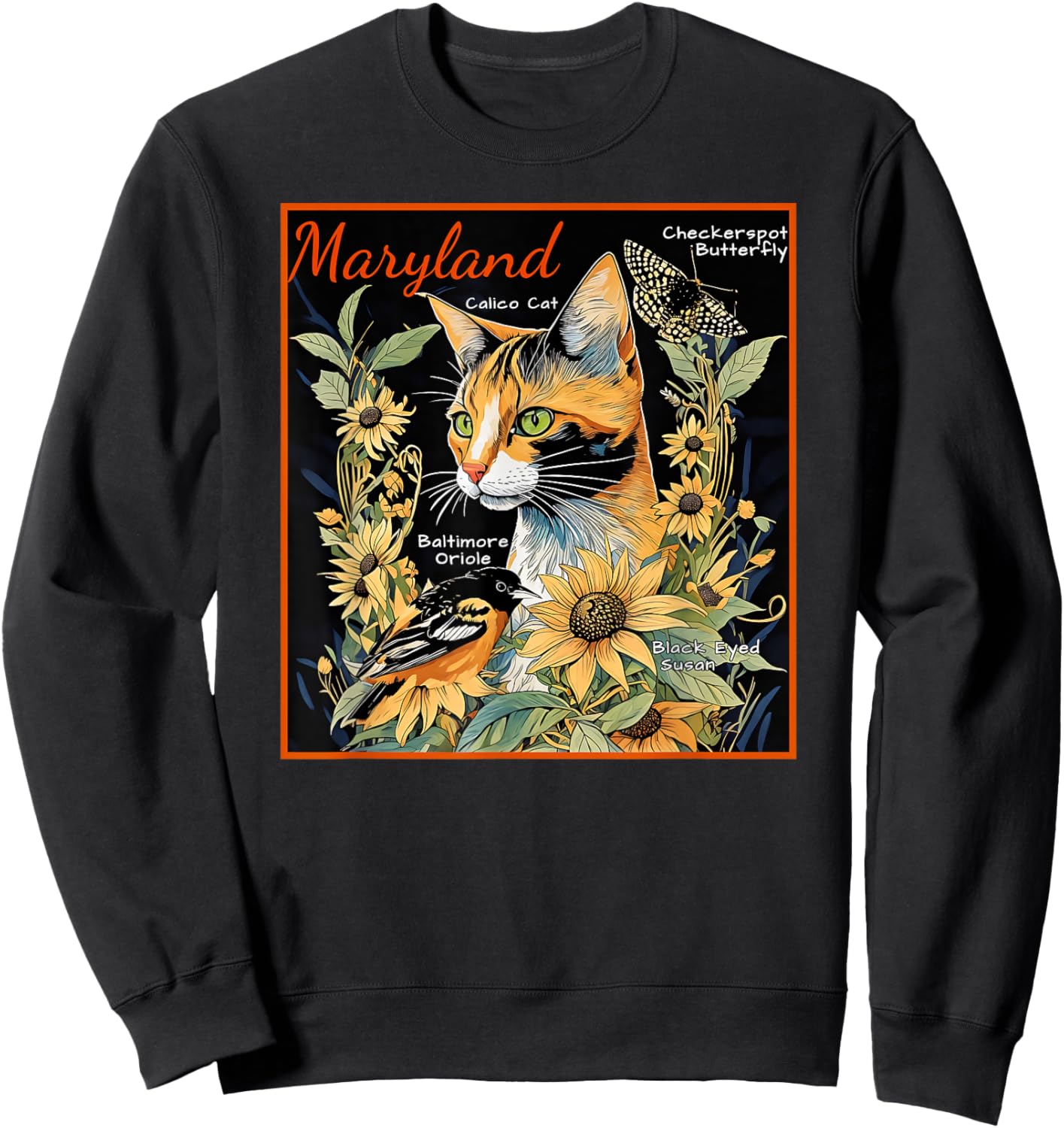 Maryland's Official Cat Butterfly and Bird a Colorful Art Men Women Kids Sweatshirt - Sweatshirt | Black