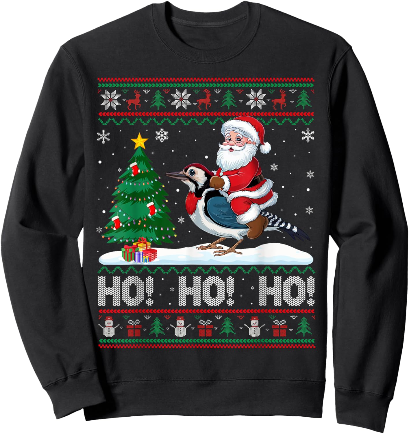 Xmas Tree Lighting Santa Riding Woodpecker Christmas Sweatshirt - Sweatshirt | Black