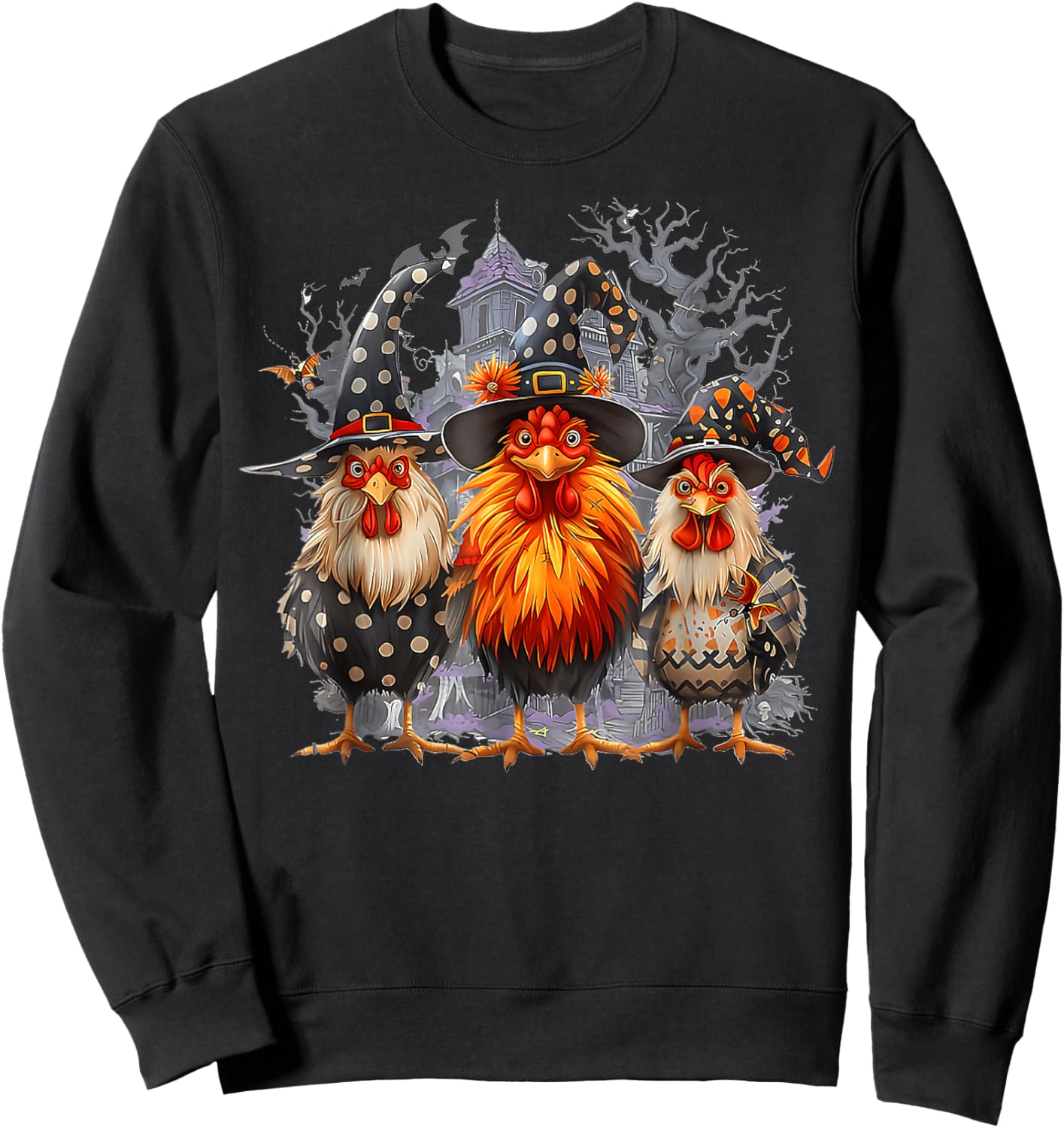 Retro House Chickens Witch Halloween Spooky Autumn Fall Sweatshirt - Sweatshirt | Black