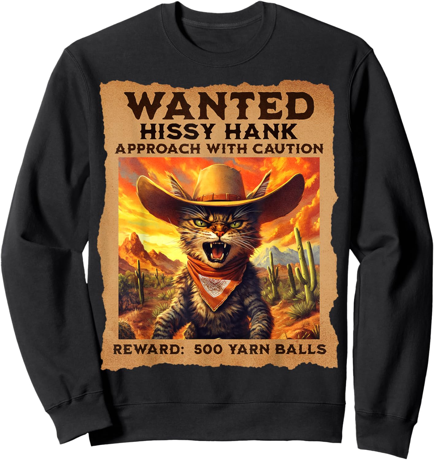 'Wanted: Hissy Hank' Funny Cowboy Cat Western - -Adults and Kids - Black - Small - Short Sleeve Sweatshirt - Sweatshirt | Black