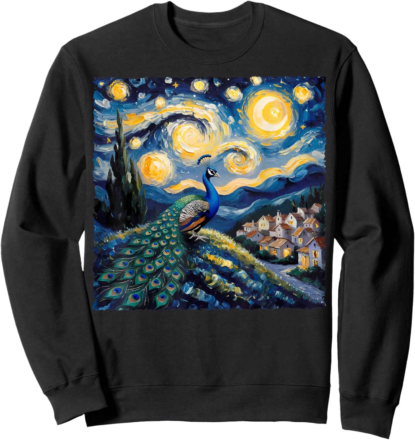 Van Gogh Style Funny Peacock Lover The Starry Night Painting Sweatshirt - Sweatshirt | Black