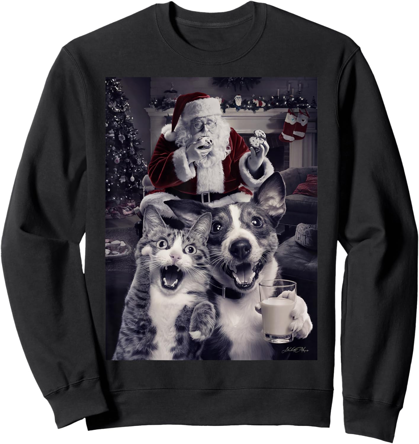 Funny Dog and Cat Selfie with Santa Christmas Men Women Girls Kids Sweatshirt - Sweatshirt | Black