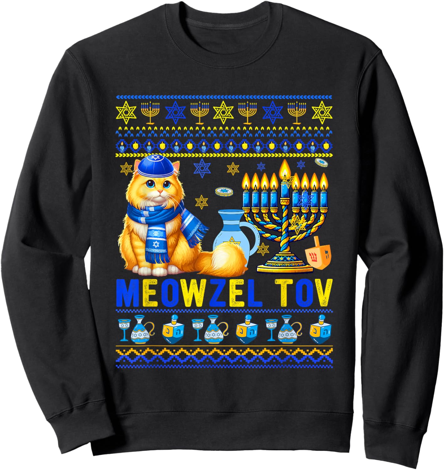 Meowzel Tov Hanukkah Sweater Cat Costume Jewish Menorah Sweatshirt - Sweatshirt | Black