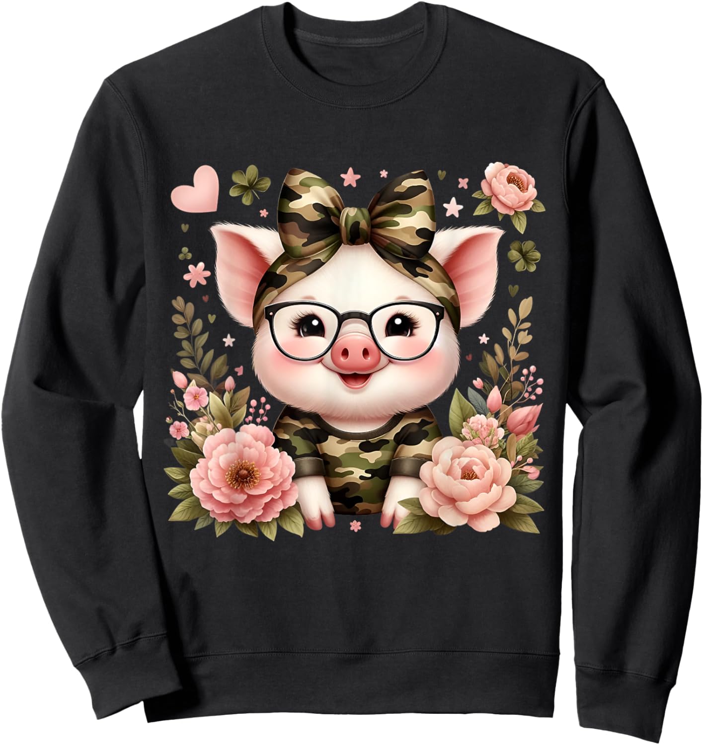 Cute Pig Camouflage Camo Coquette Bow Headband Flower Sweatshirt - Sweatshirt | Black