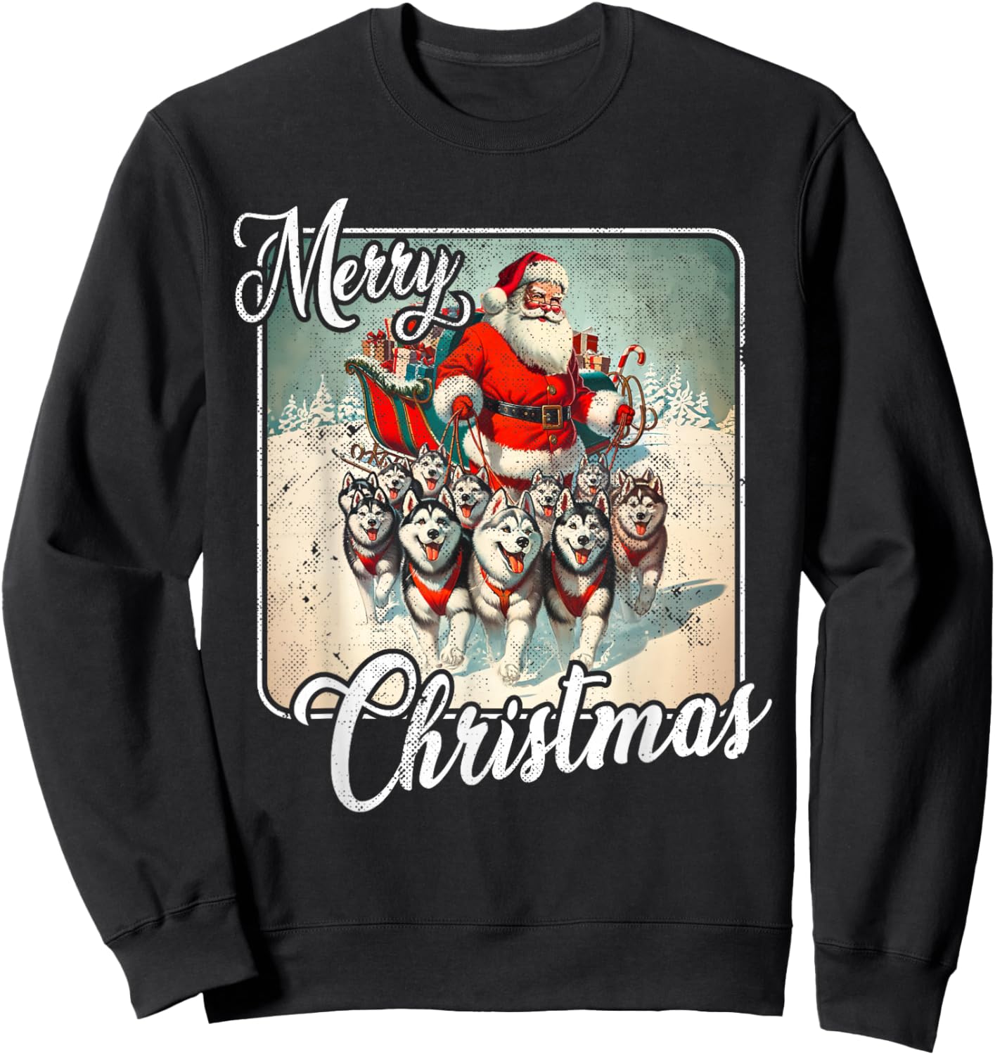 Vintage Husky Family Christmas Huskies Pulling Santa Sleigh Sweatshirt - Sweatshirt | Black
