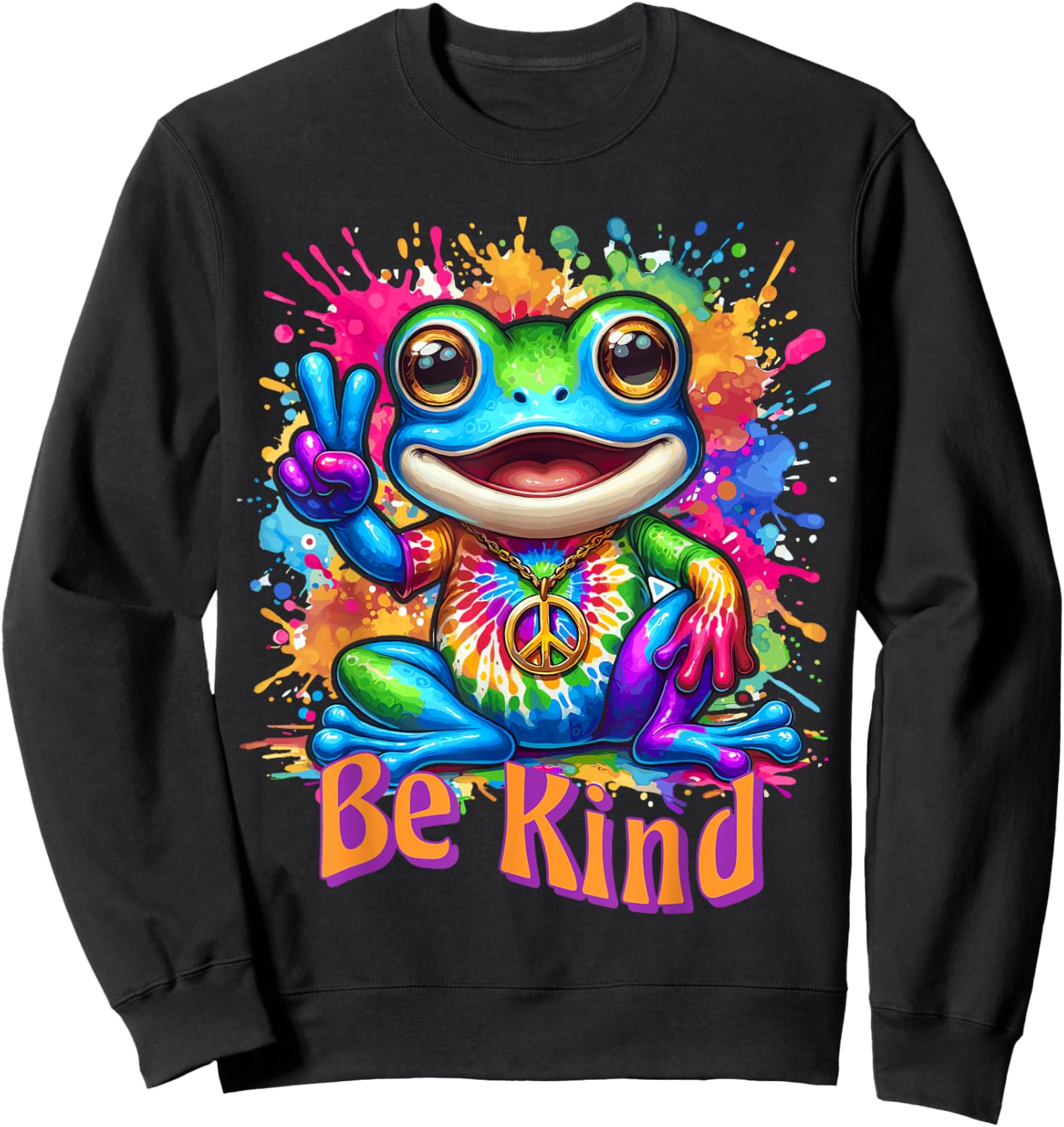 Tie-Dye Frog Peace Sign Hippie Sweatshirt - Sweatshirt | Black