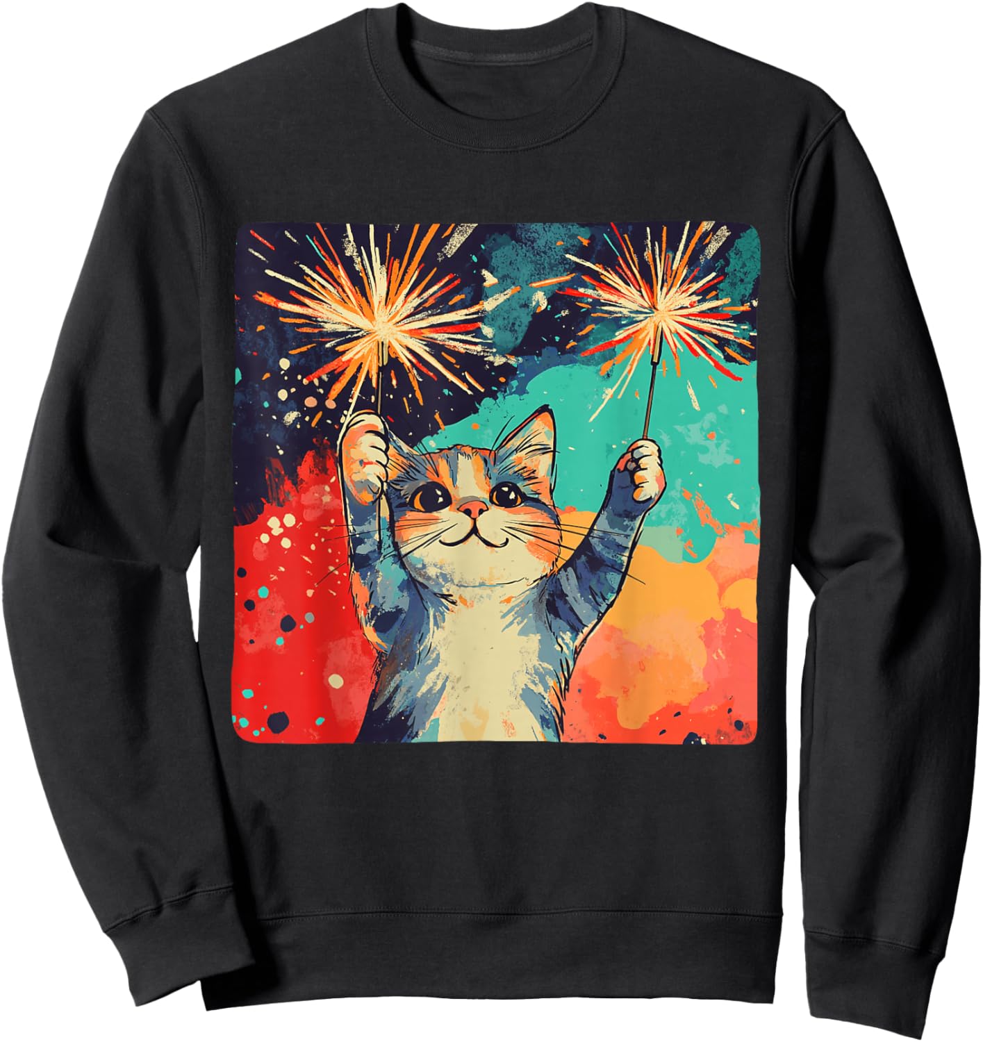Cute celebrating Cat for Happy New Year Lovers Sweatshirt - Sweatshirt | Black