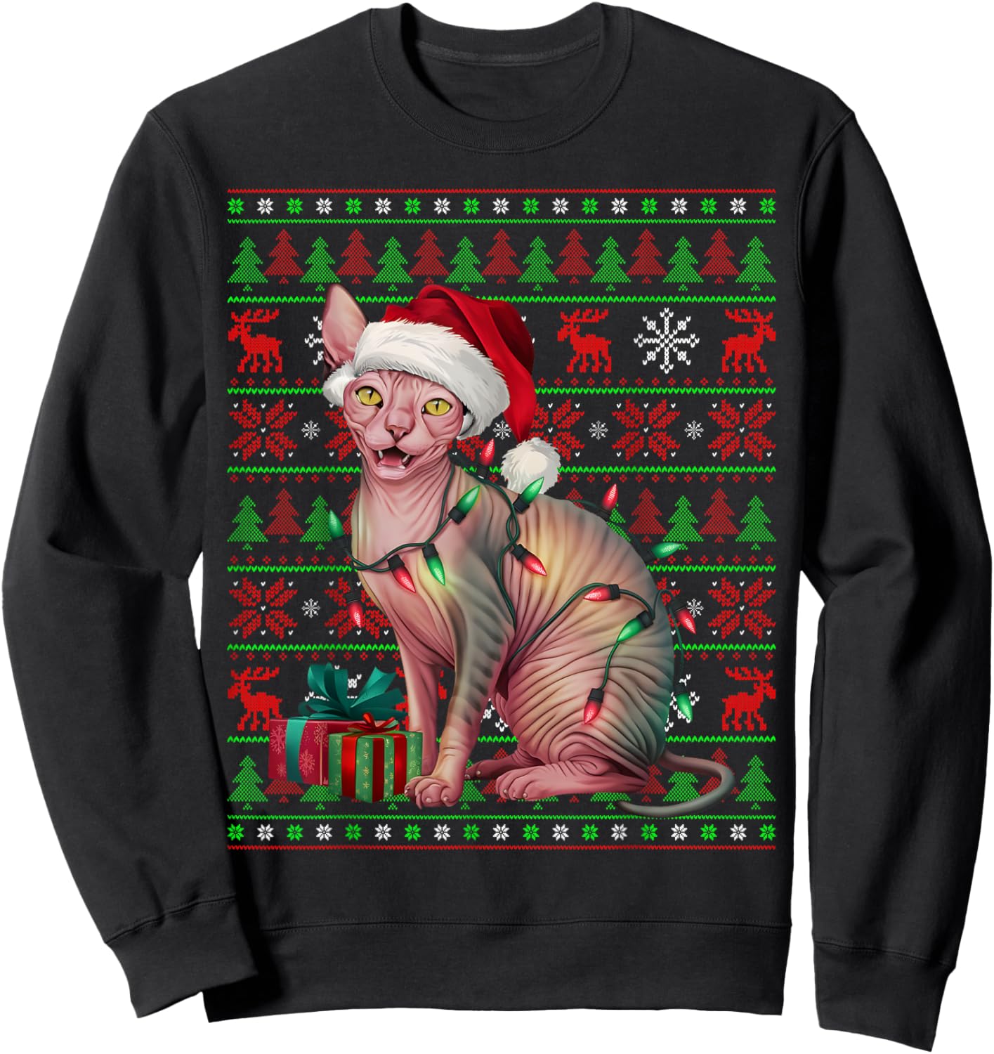 Sphynx Cat Xmas Lights Ugly Santa Hat Sphynx Cat Christmas Women Kids Sweatshirt - Sweatshirt | Black