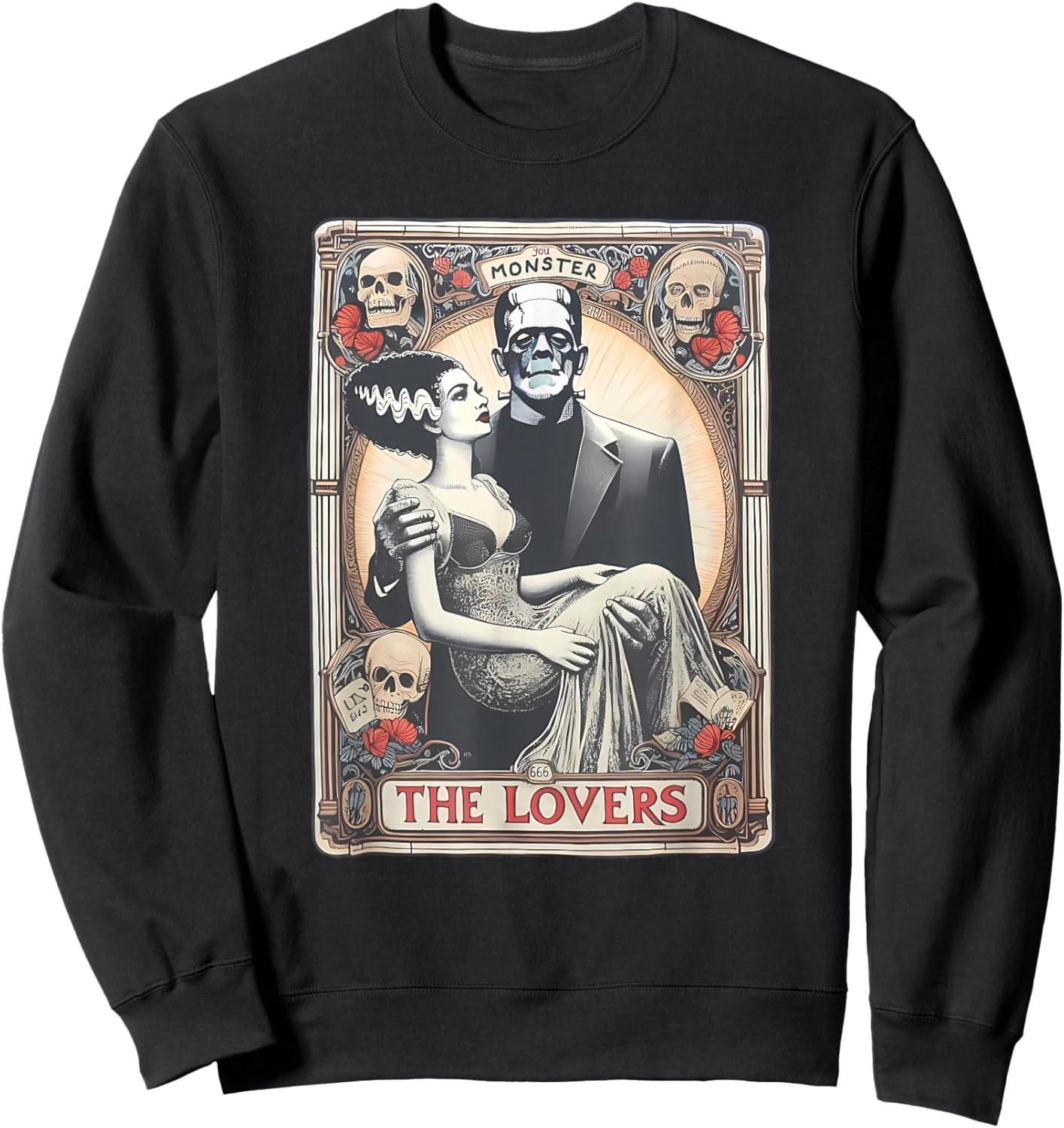 Retro Halloween Frankenstein Tarot Card - Adults - Black - Small - Short Sleeve - Regular Fit - Cotton 100%, Polyester Blend - Halloween, Retro, Couples, Tarot Card Fans Sweatshirt - Sweatshirt | Black