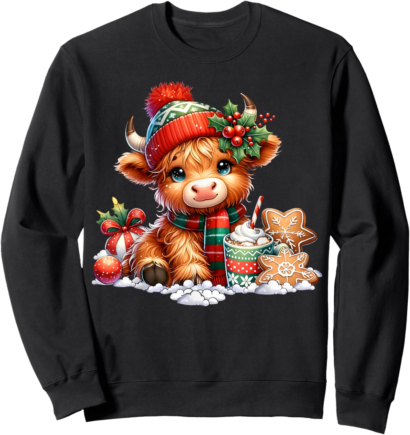 Christmas Highland Cow Cute Heifer Cow Santa Hat Mooey Xmas Sweatshirt - Sweatshirt | Black
