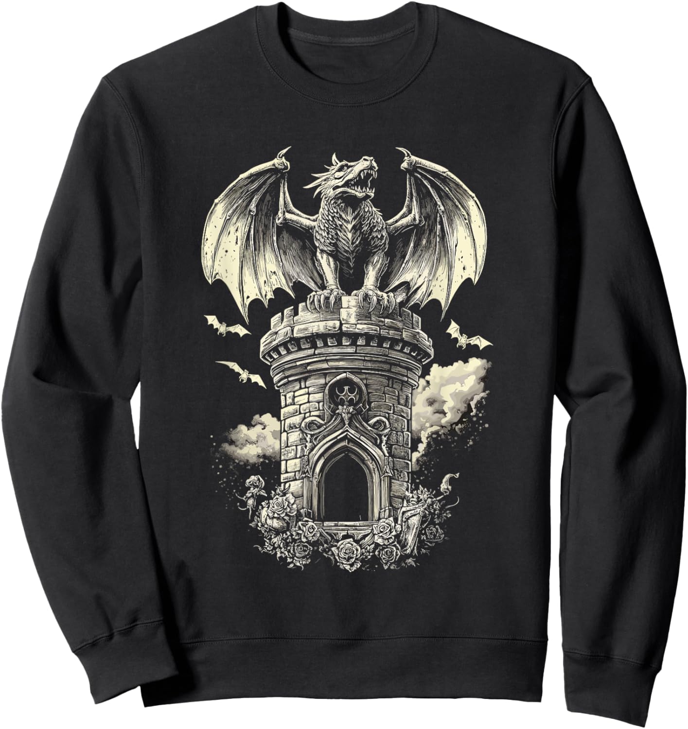 Dragon on Tower with Bats - Gothic Sweatshirt - Sweatshirt | Black