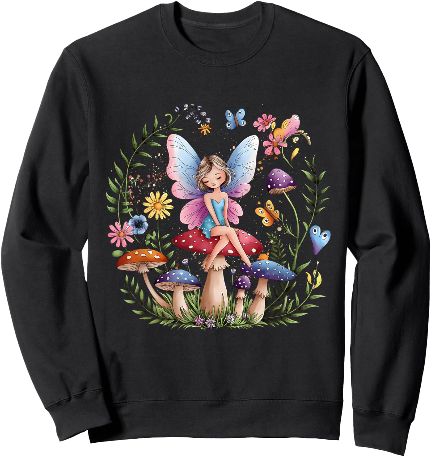 Enchanted Forest Fairy Fantasy Mystical Butterfly Mushroom Sweatshirt - Sweatshirt | Black