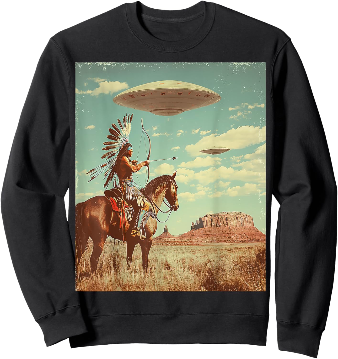 Retro Desert Indian Riding Horse Shooting Bow Arrow UFO Art Sweatshirt - Sweatshirt | Black