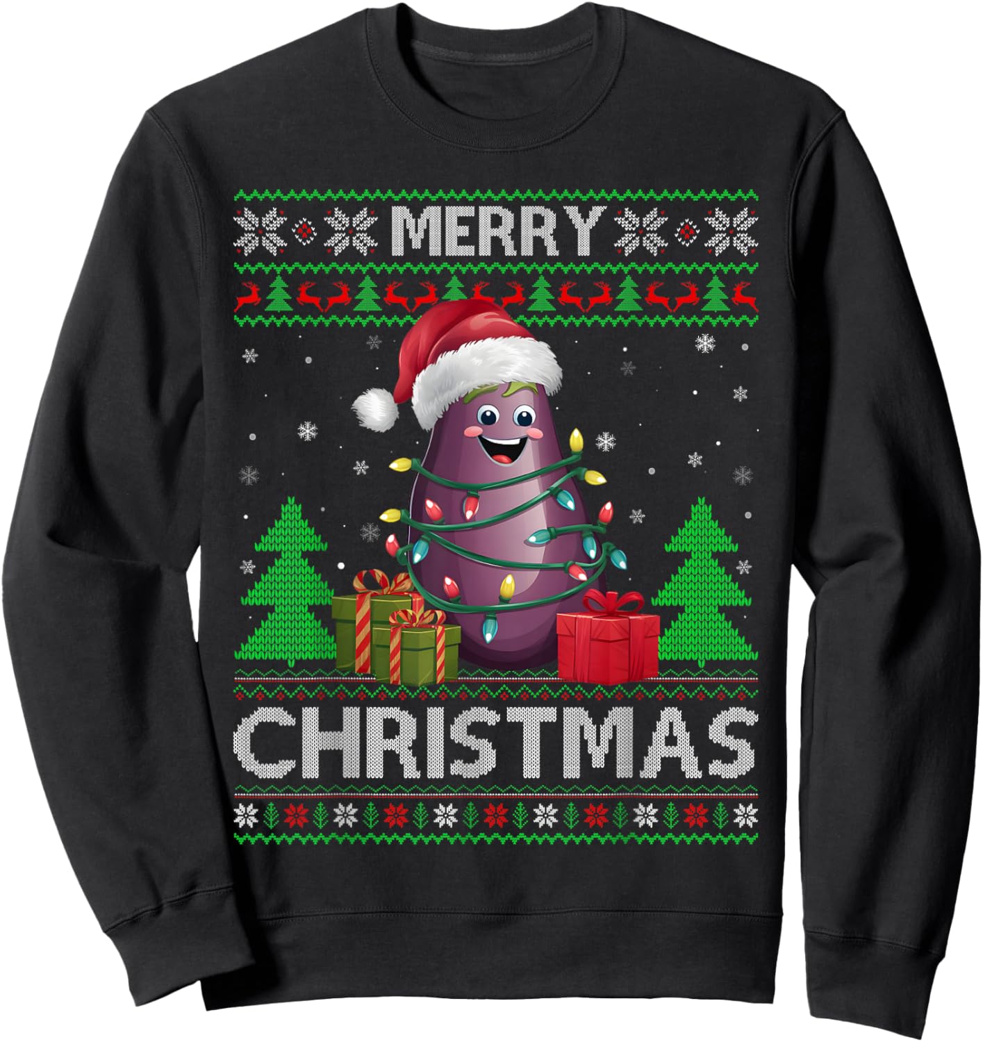 Ugly Xmas Sweater Style Lights Santa Eggplant Christmas Sweatshirt - Sweatshirt | Black
