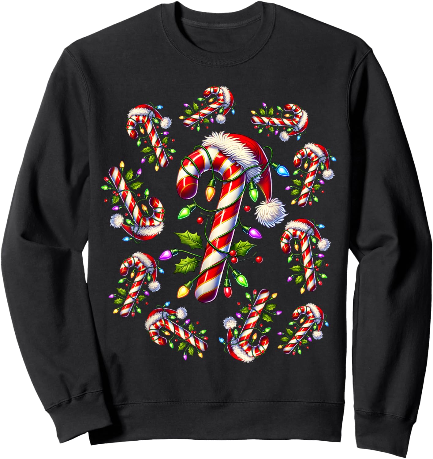 Red and White Candy Cane Santa Christmas Funny Xmas Lights Sweatshirt - Sweatshirt | Black