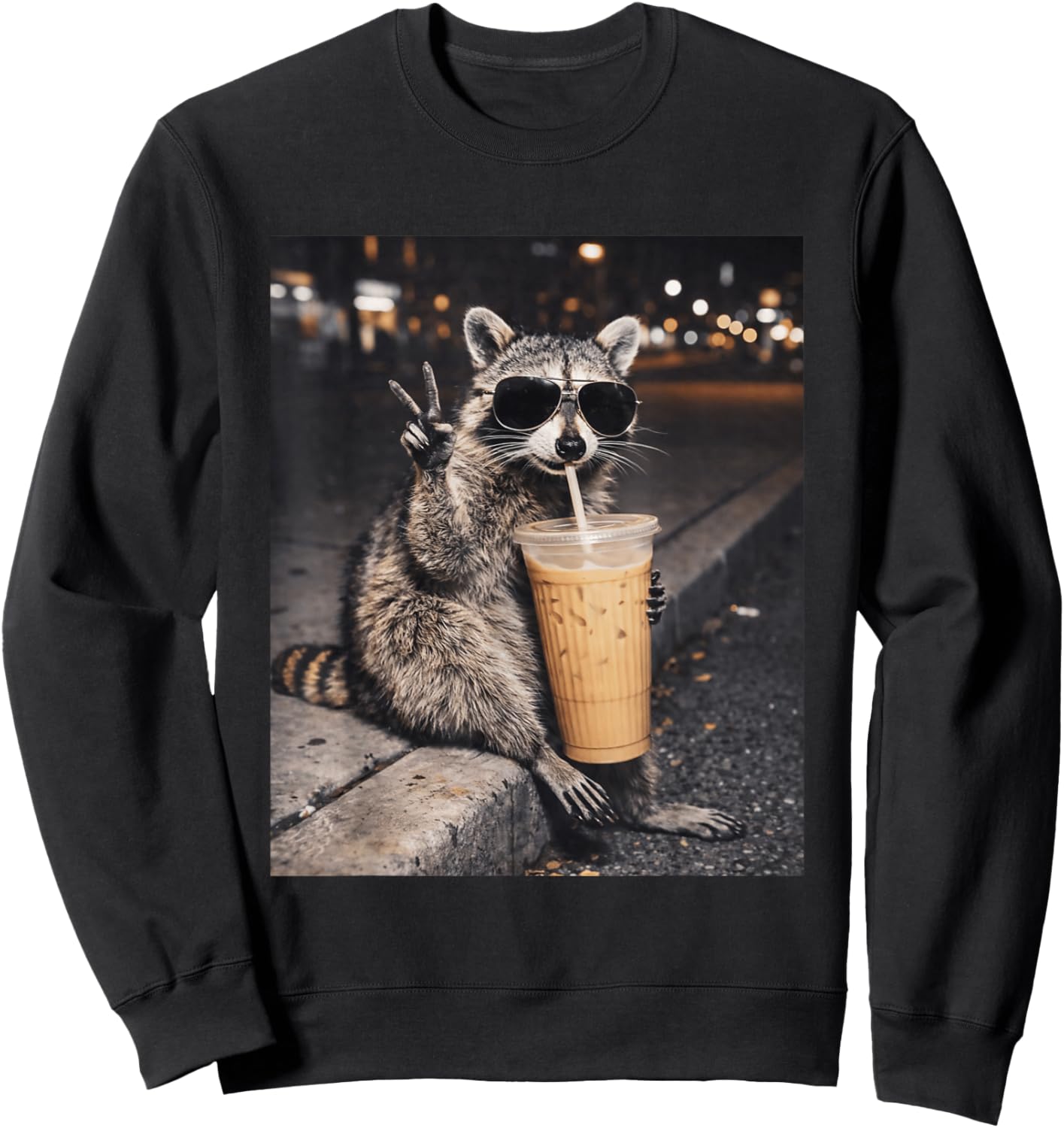 Raccoon Drinking Iced Coffee Funny Animal Meme T-Shirt - Sweatshirt | Black