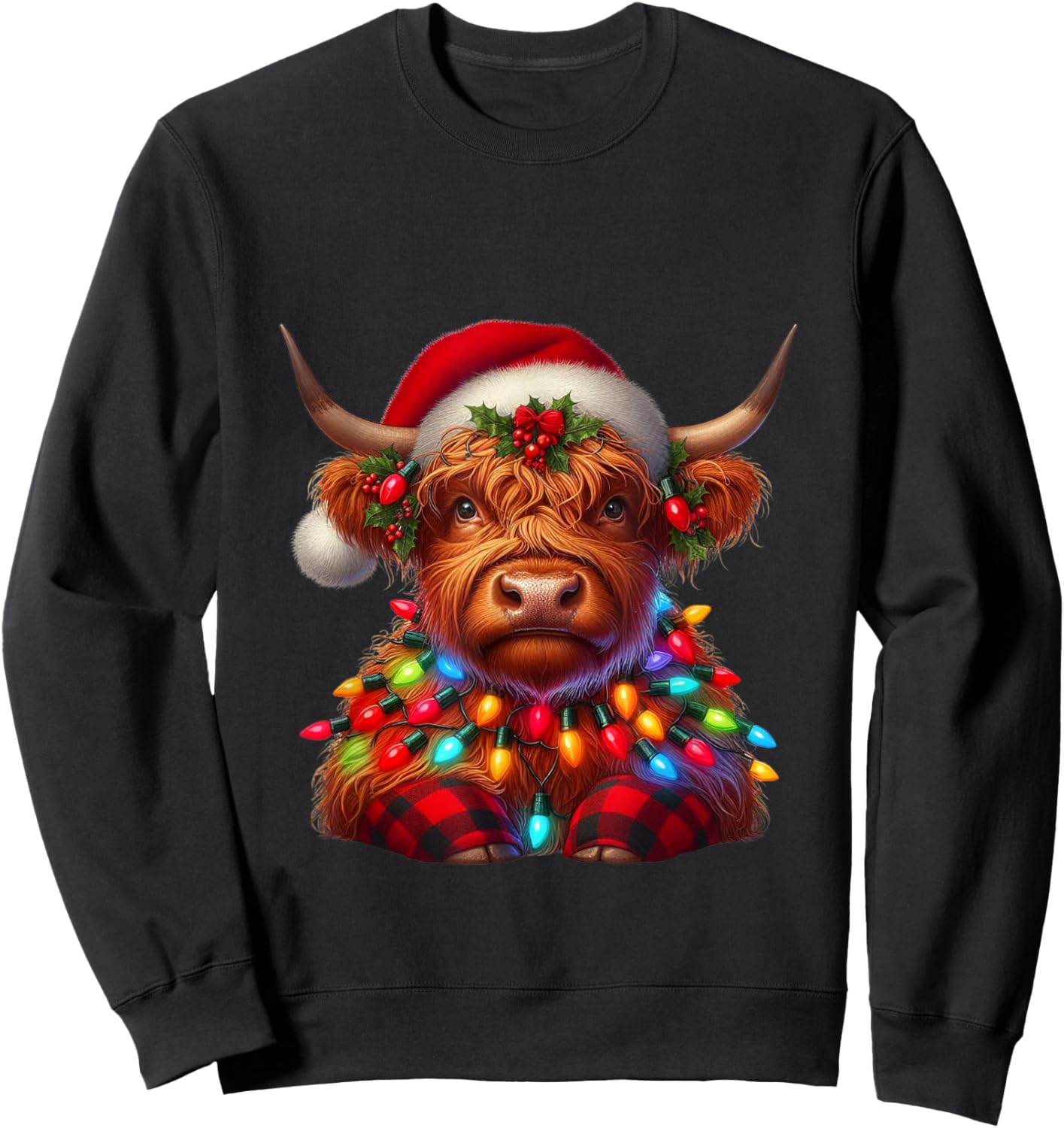 Scottish Highland Cow Christmas Santa Hat Lights Xmas Pajama Sweatshirt - Sweatshirt | Black