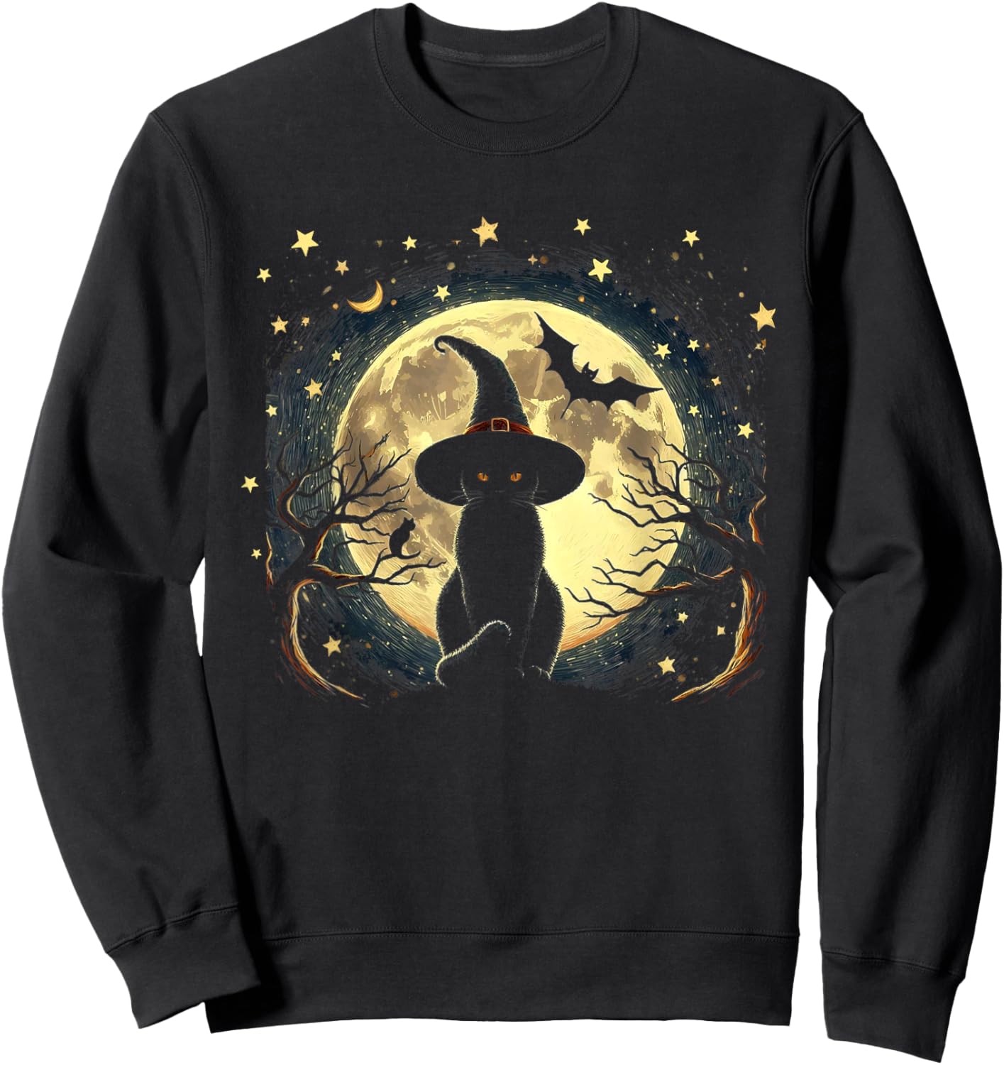 Vintage Scary halloween black cat Van gogh Starry Night Moon Sweatshirt - Sweatshirt | Black