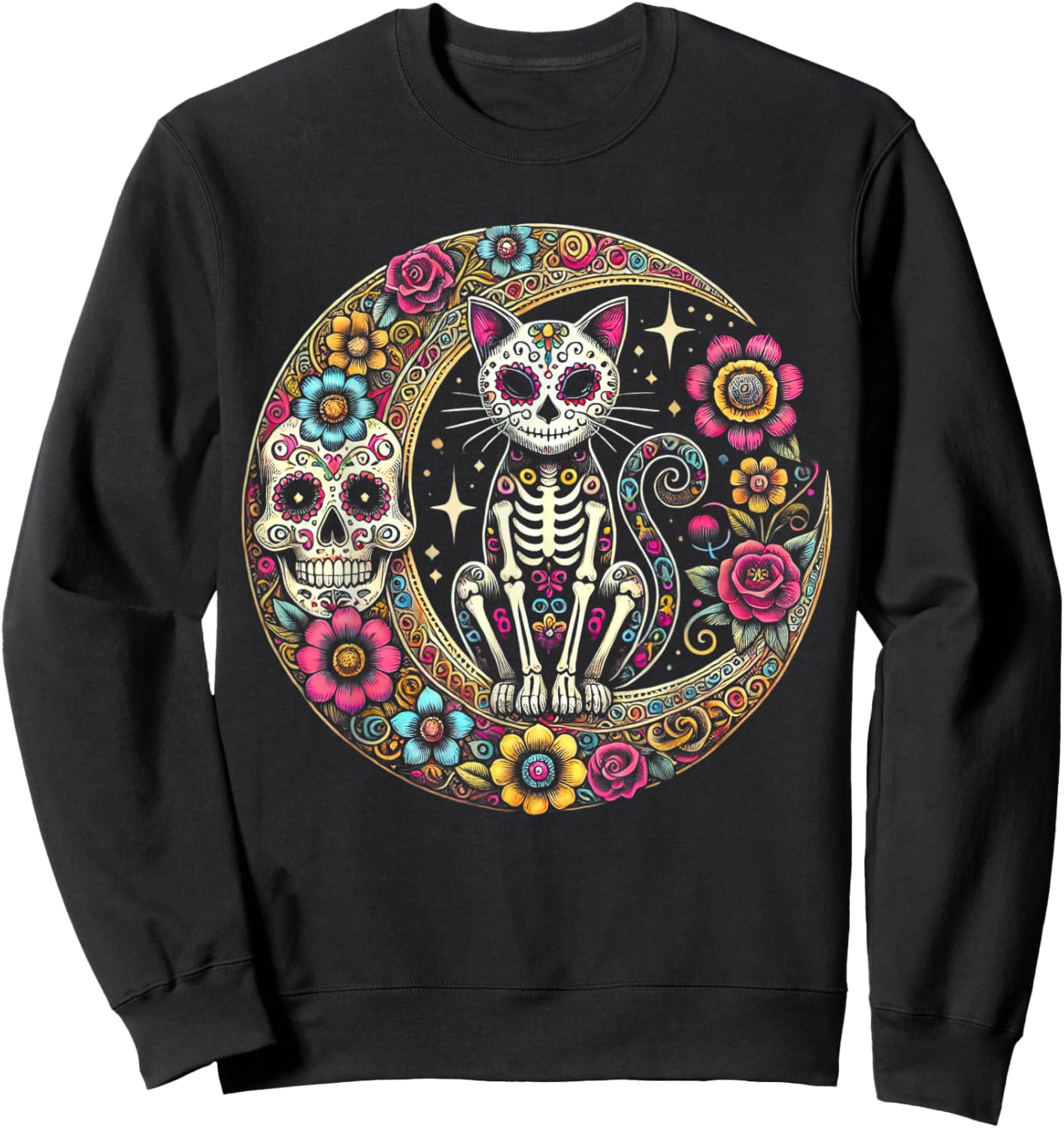 Cat Moon Dia De Los Muertos Day Of The Dead Sugar Skull Sweatshirt - Sweatshirt | Black