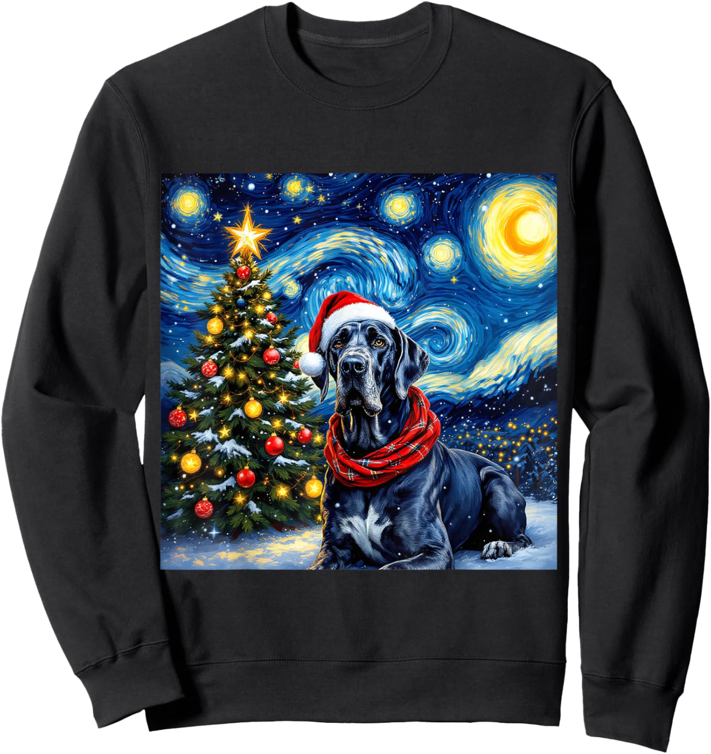 Great Dane Starry Night Christmas Van Gogh Dog Santa Hat Sweatshirt - Sweatshirt | Black