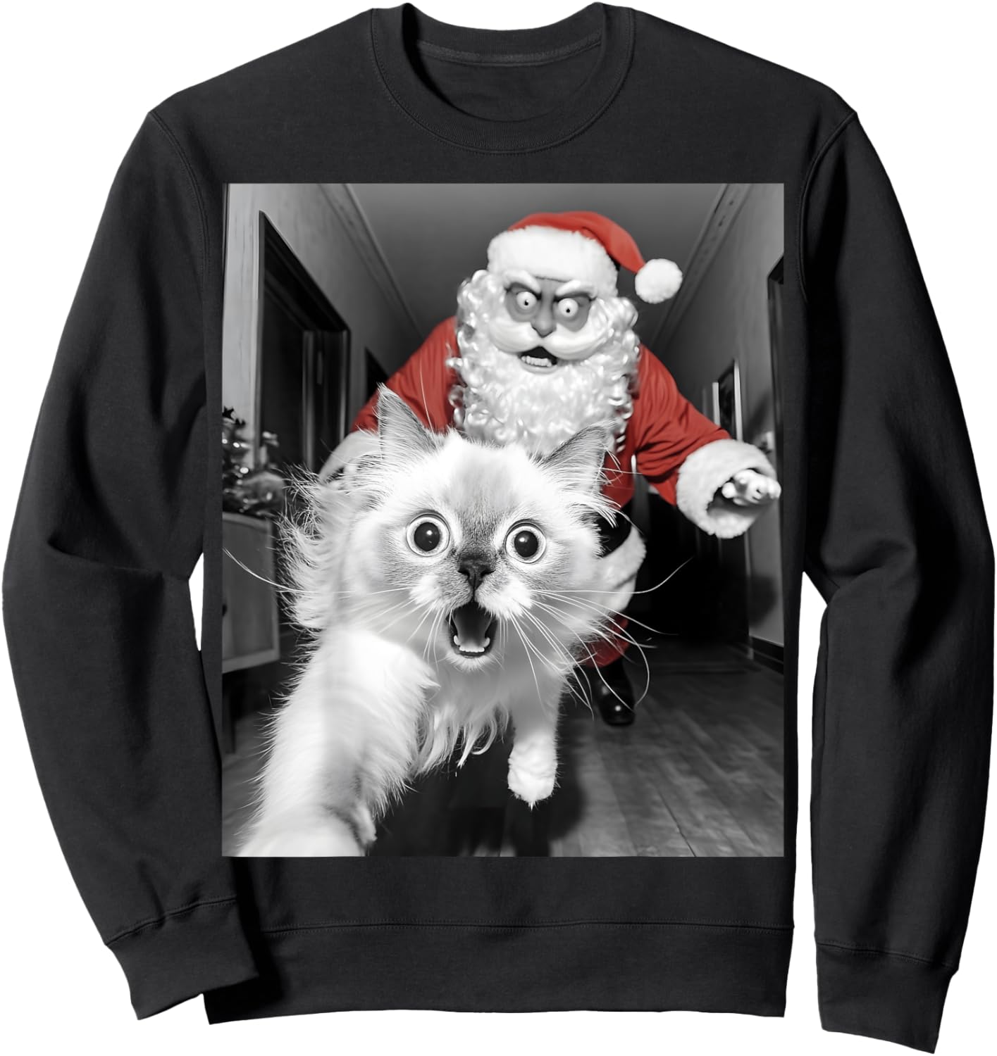 Funny Cat Selfie With Santa Christmas Women Sweatshirt - Sweatshirt | Black