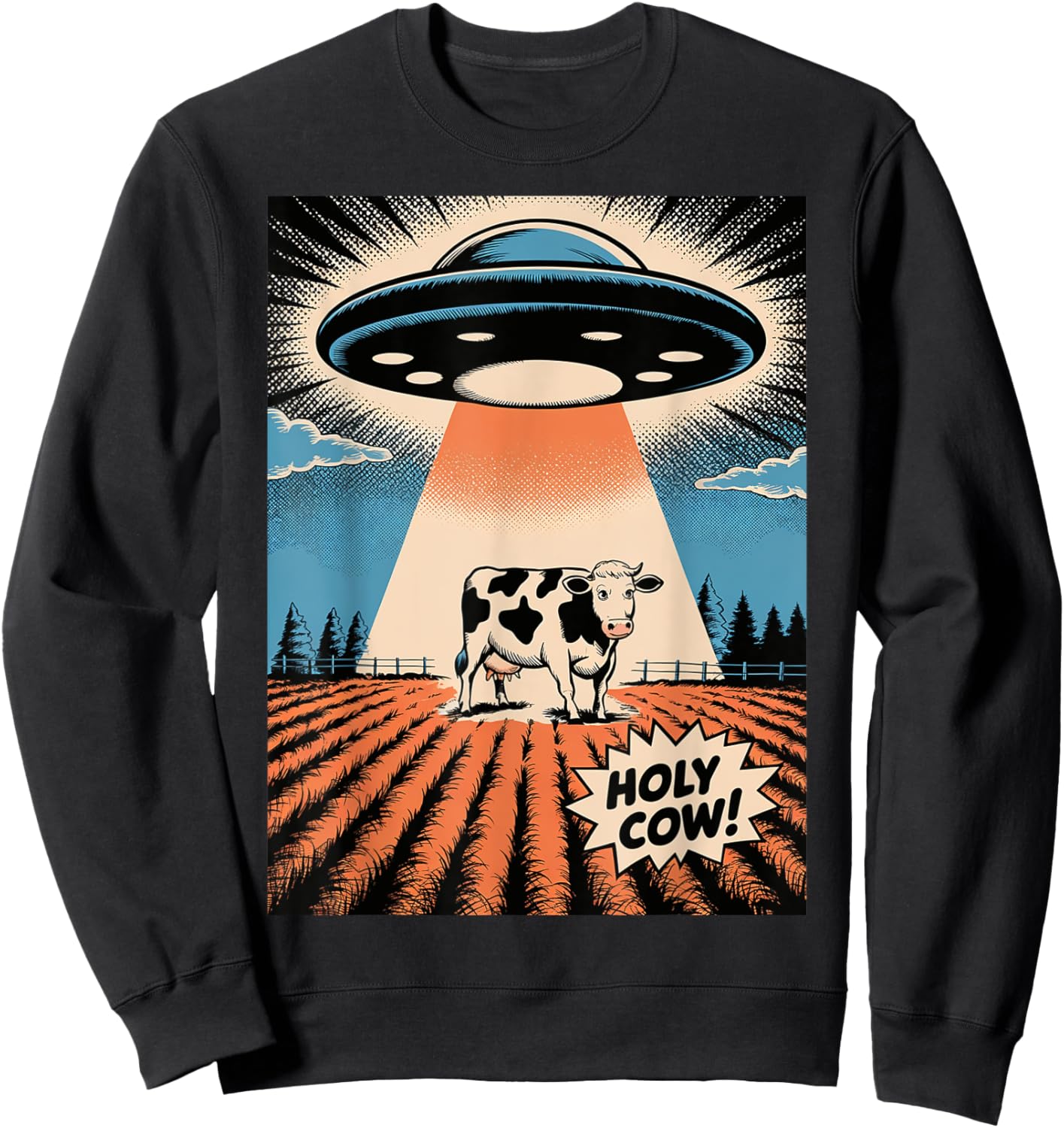 Holy Cow Funny Retro UFO Abduction Sweatshirt - Sweatshirt | Black