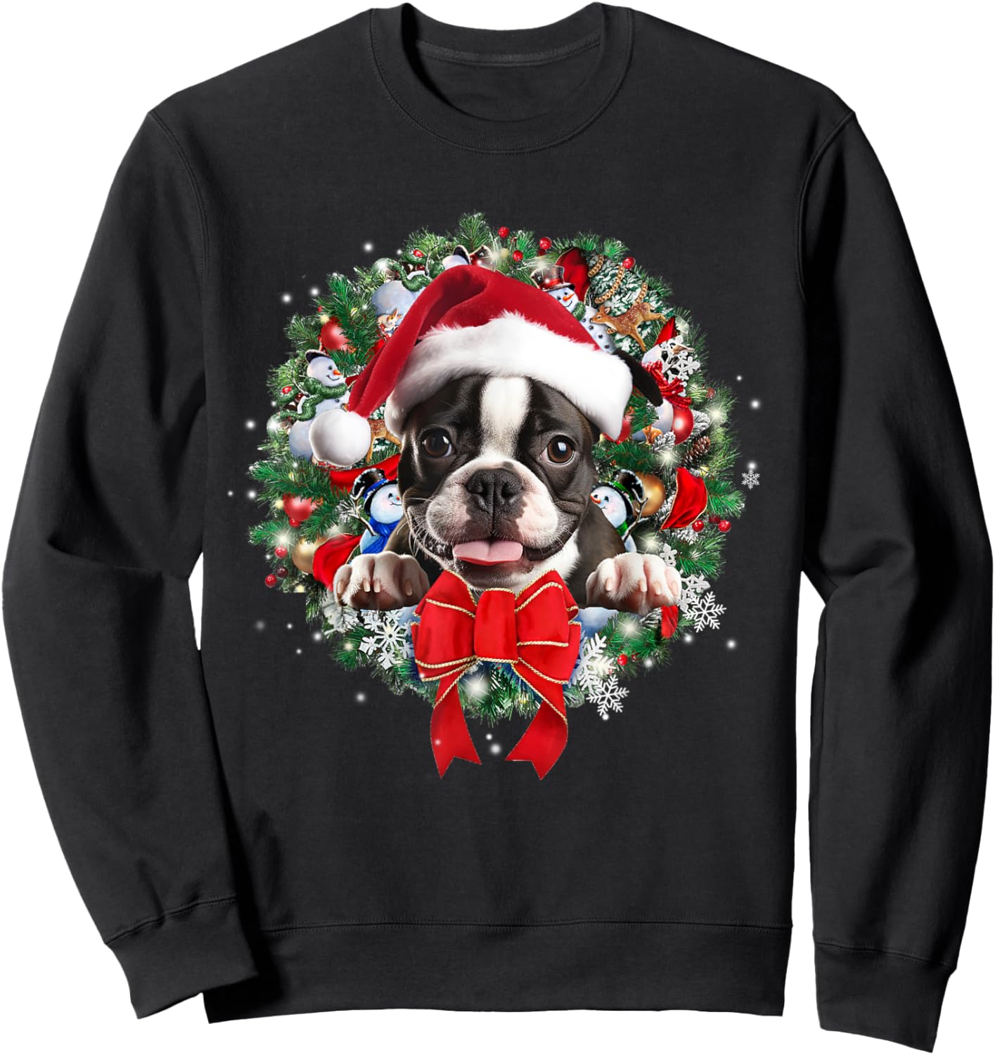 Boston Terrier Christmas Wreath Decoration Xmas Pajamas Sweatshirt - Sweatshirt | Black