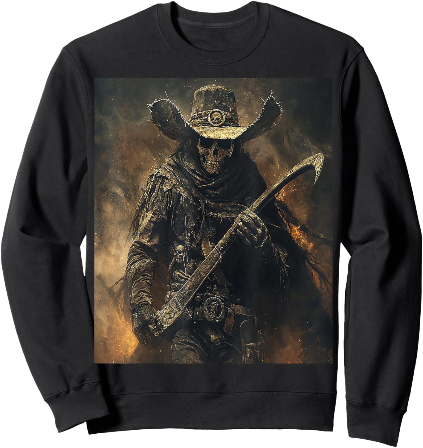 Western Grim Reaper Cowboy Wearing Hat Scythe Skull Art Sweatshirt - Sweatshirt | Black
