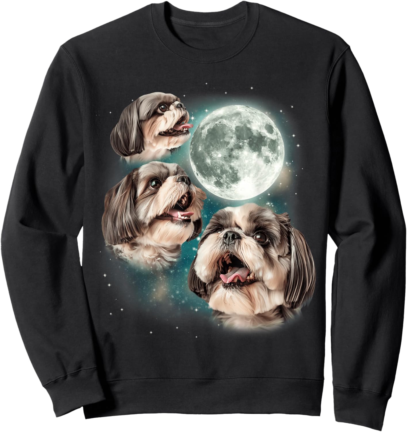 Three Shih Tzu Moon | 3 Puppies Howling Fun Dog Parody Meme Sweatshirt - Sweatshirt | Black
