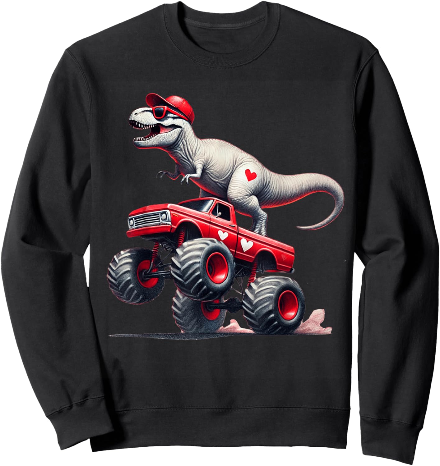 Valentines Day T Rex Riding Monster Truck Funny Toddler Boys Sweatshirt - Sweatshirt | Black