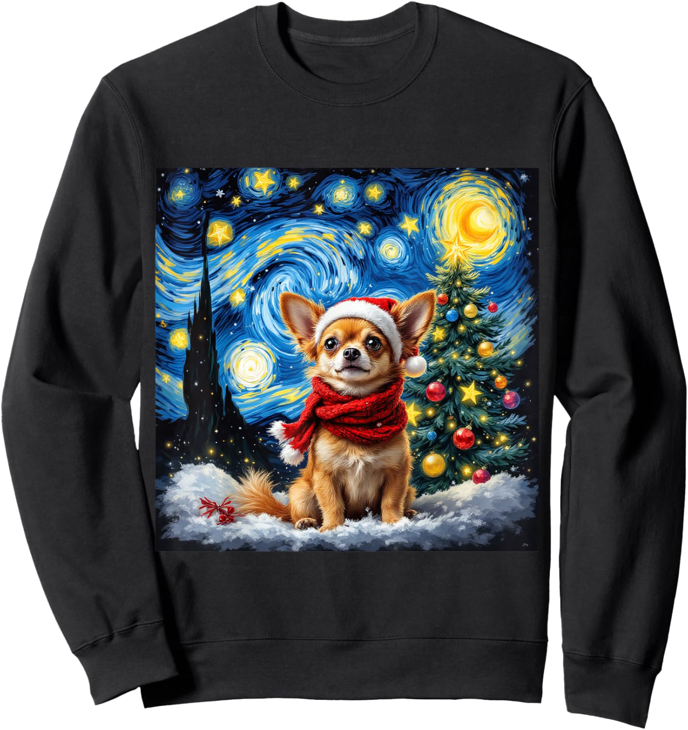 Chihuahua Starry Night Christmas Van Gogh Dog Santa Hat Sweatshirt - Sweatshirt | Black